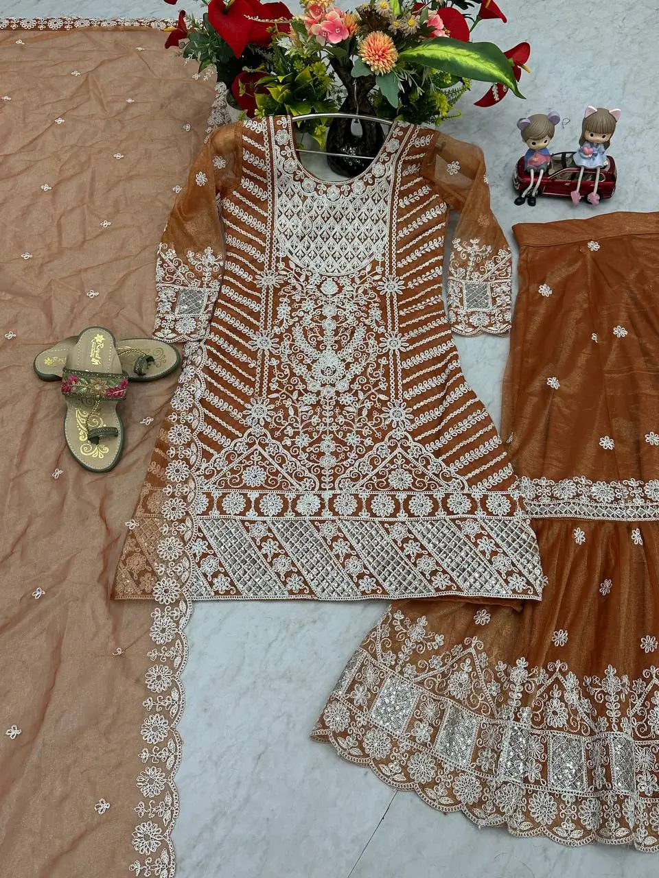 Designer Embroidered Lily Net Top with Farshi Sharara and Dupatta Set