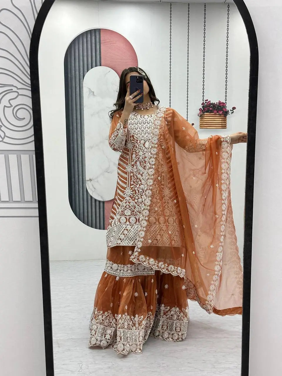 Designer Embroidered Lily Net Top with Farshi Sharara and Dupatta Set