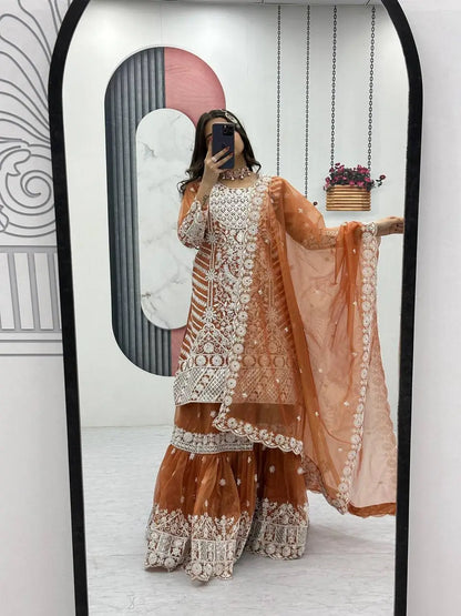 Designer Embroidered Lily Net Top with Farshi Sharara and Dupatta Set