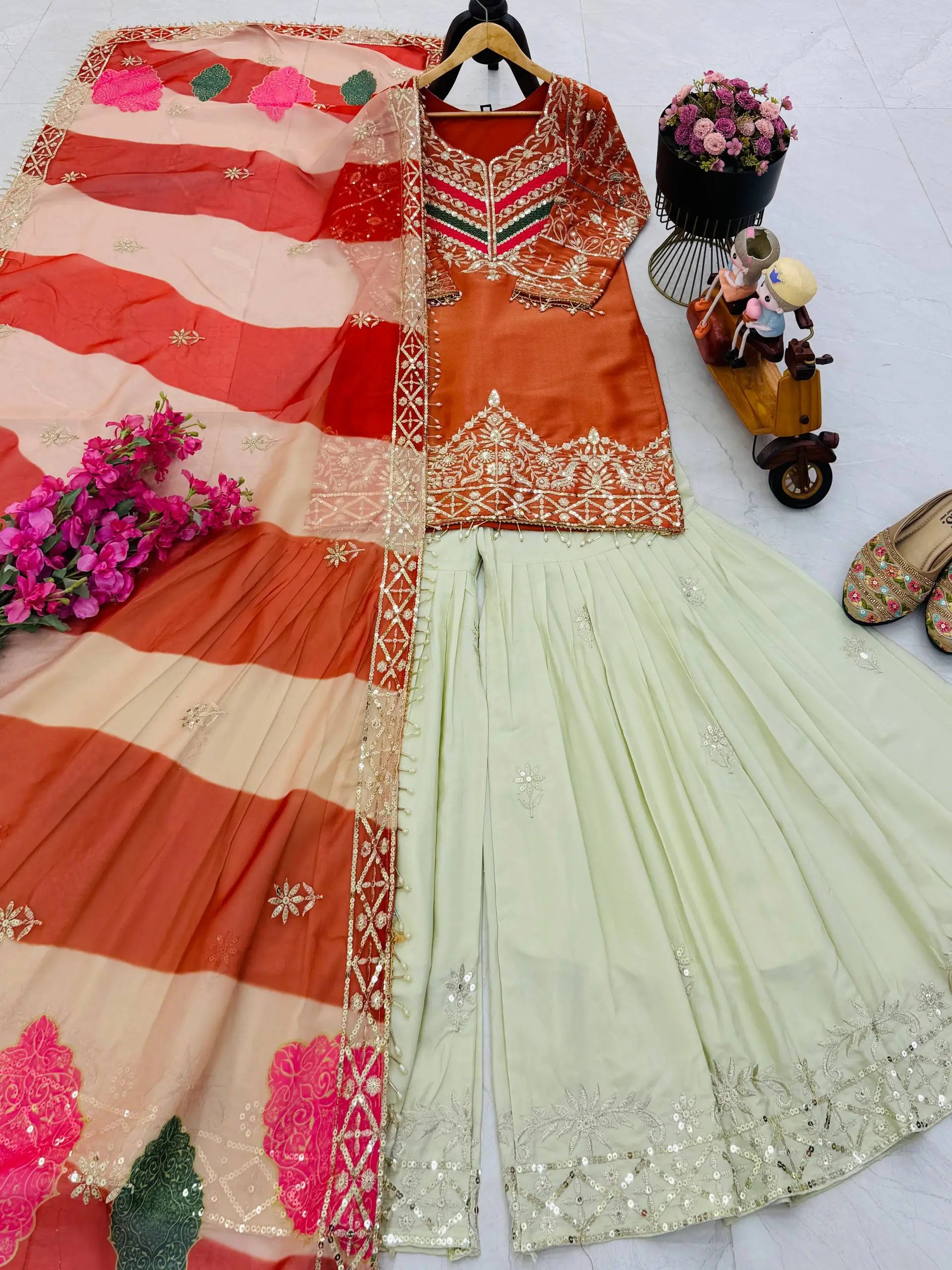 Designer Embroidered Palazzo Suit Set with Organza Dupatta