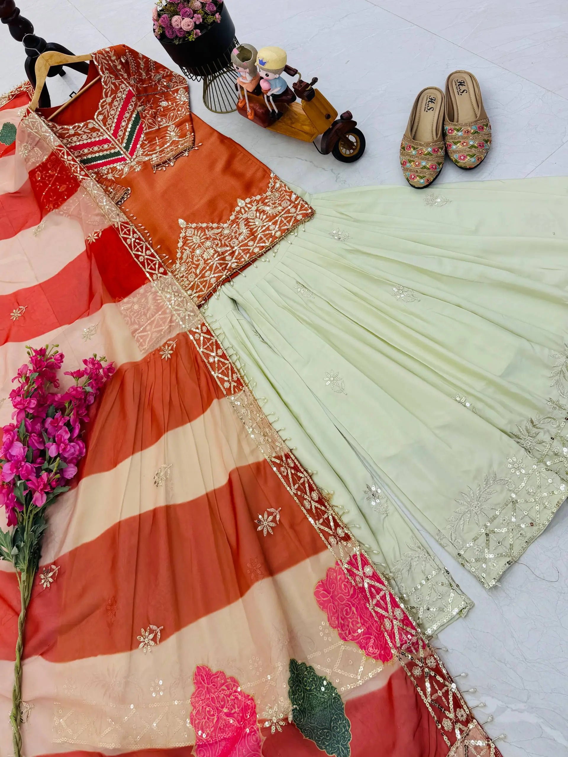 Designer Embroidered Palazzo Suit Set with Organza Dupatta