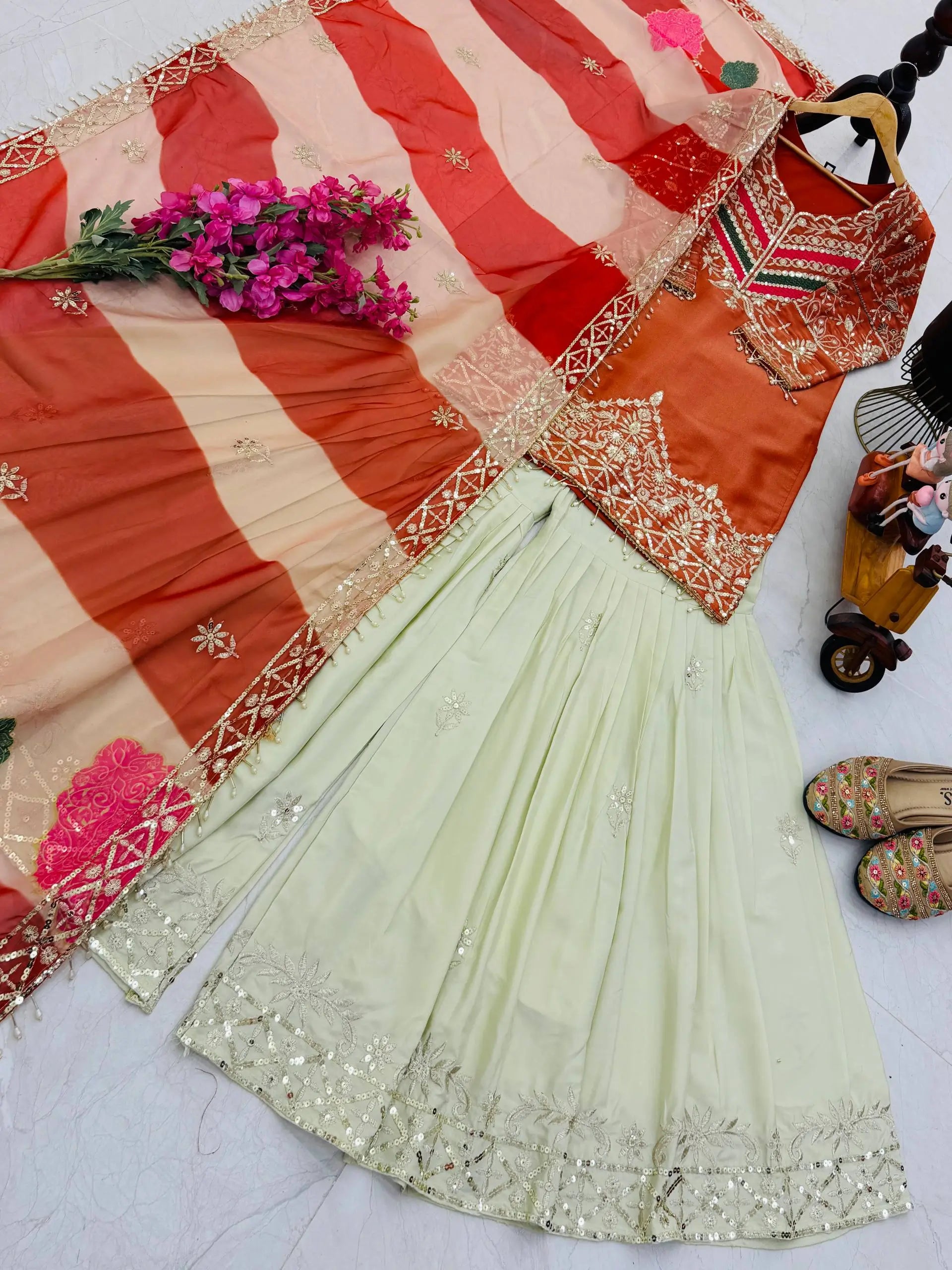 Designer Embroidered Palazzo Suit Set with Organza Dupatta