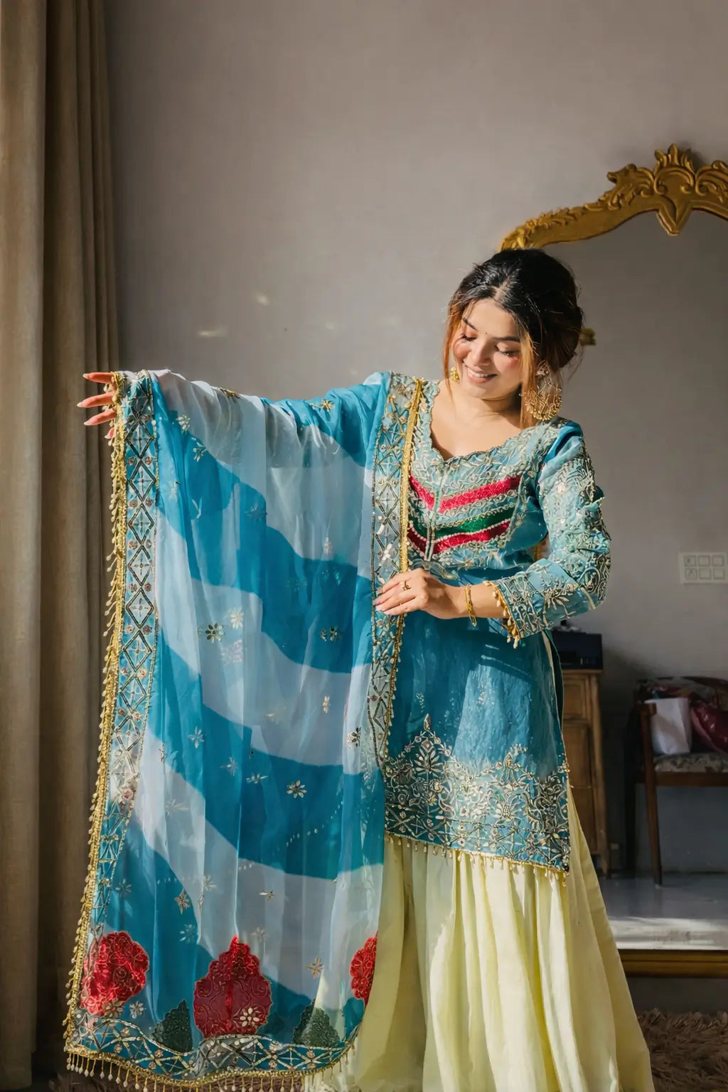Designer Embroidered Palazzo Suit Set with Organza Dupatta