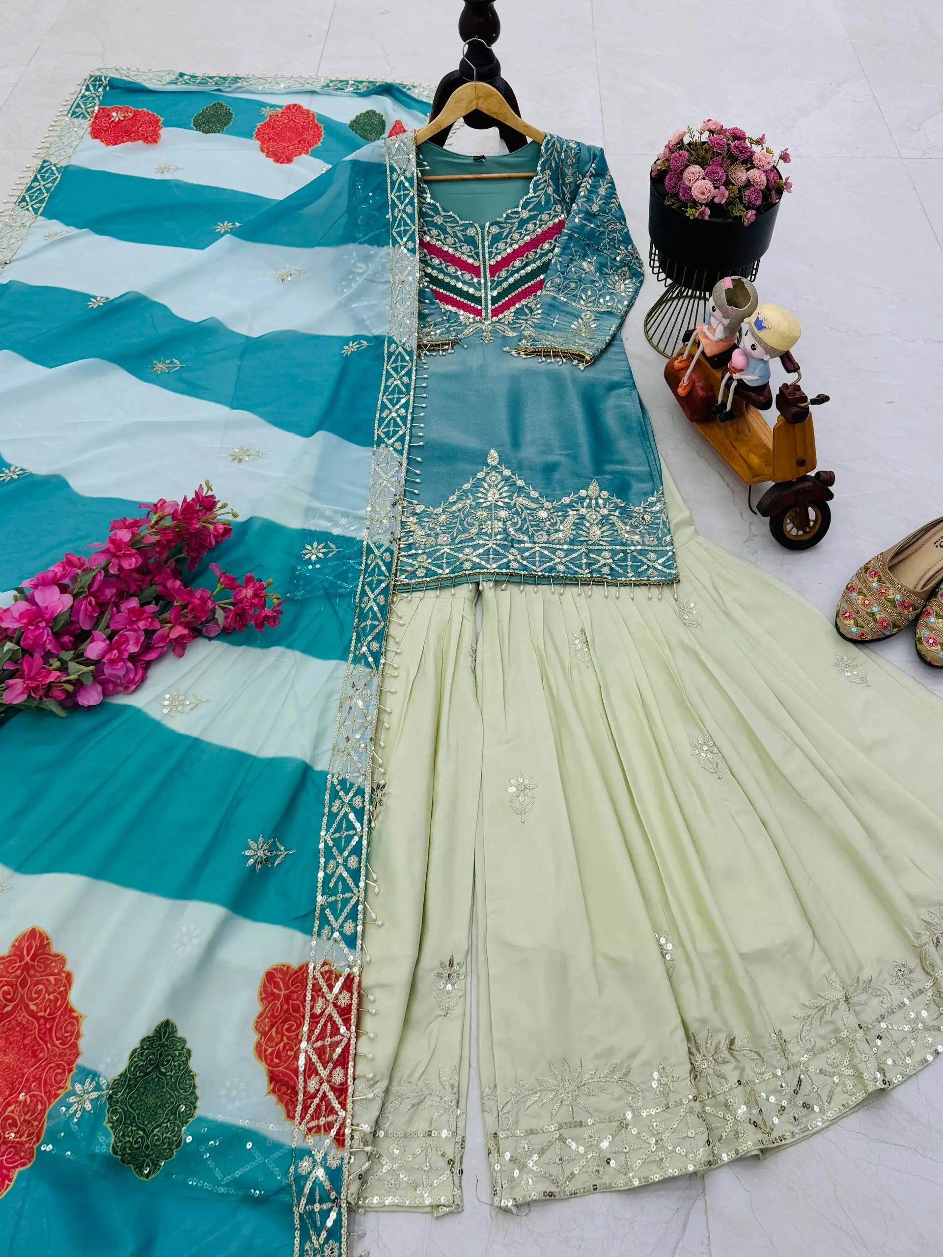Designer Embroidered Palazzo Suit Set with Organza Dupatta