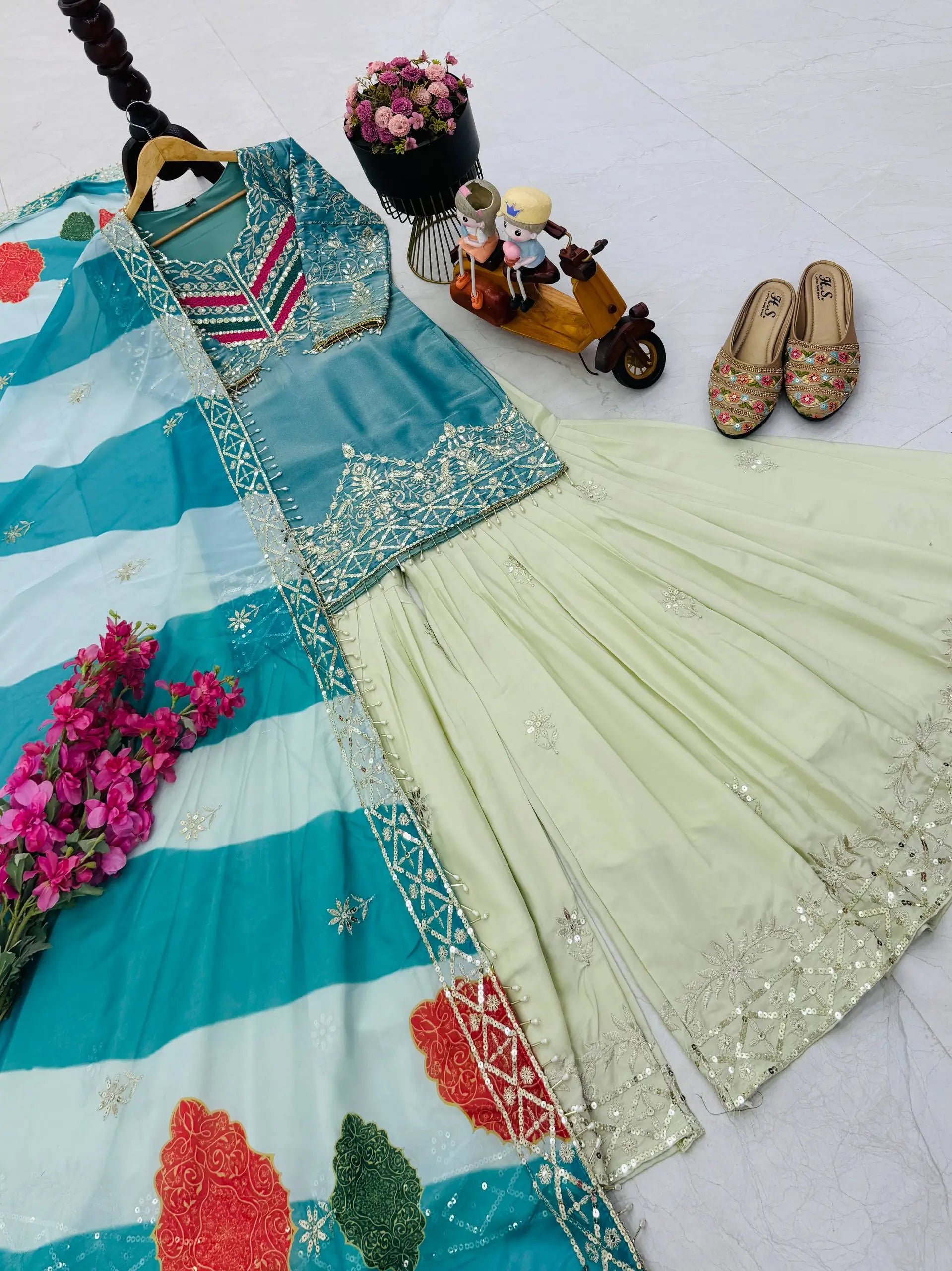 Designer Embroidered Palazzo Suit Set with Organza Dupatta