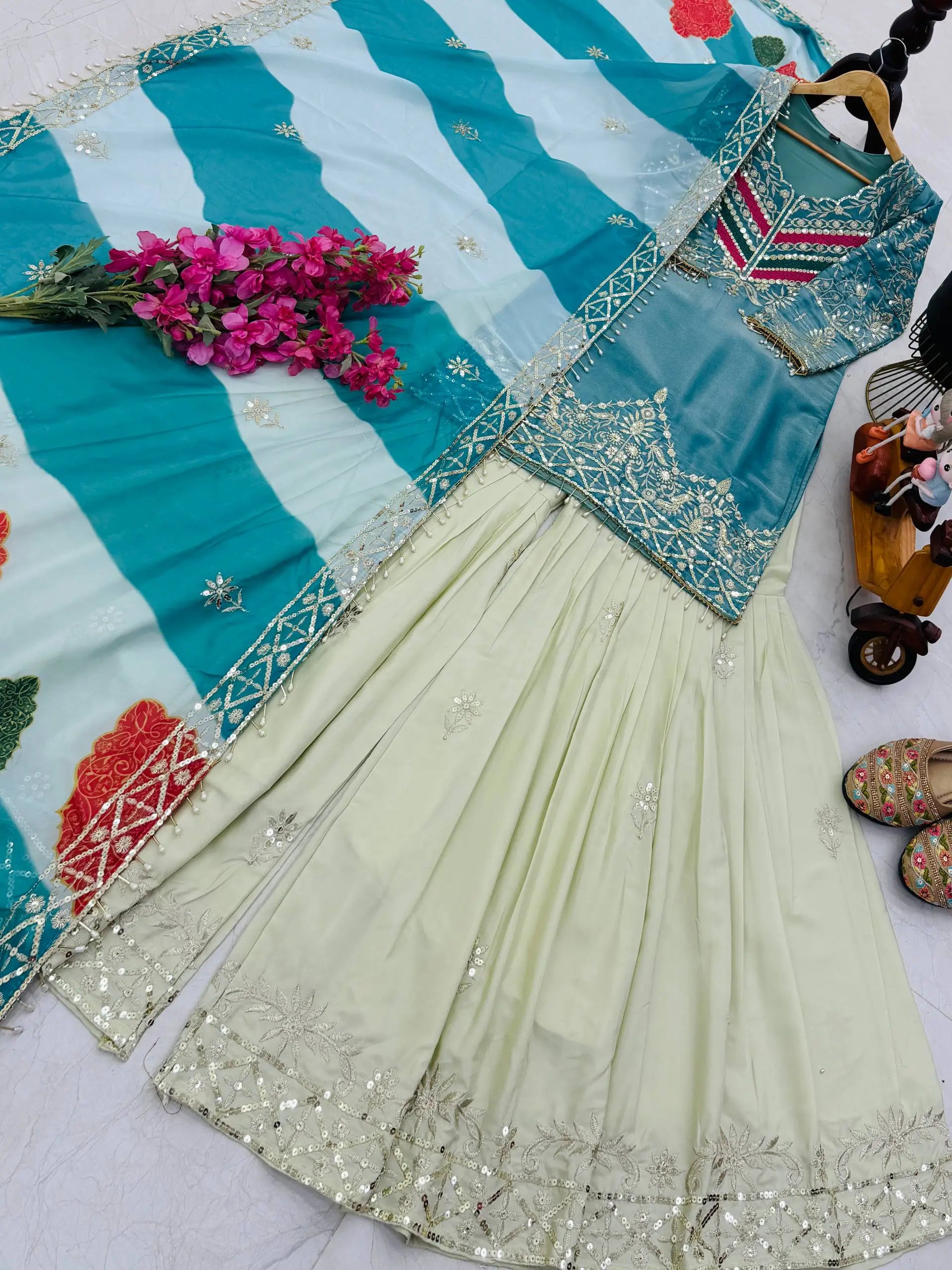 Designer Embroidered Palazzo Suit Set with Organza Dupatta