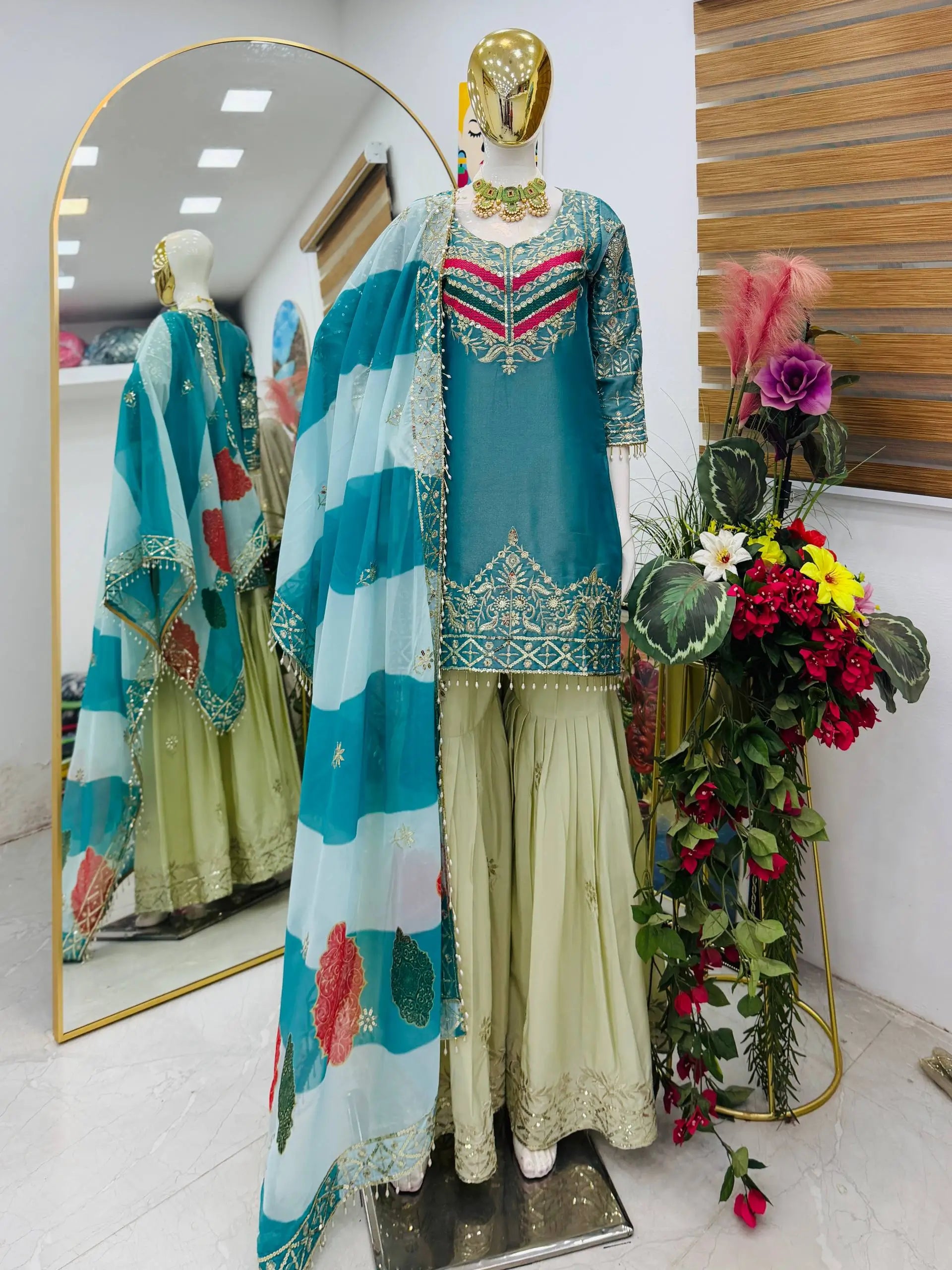 Designer Embroidered Palazzo Suit Set with Organza Dupatta