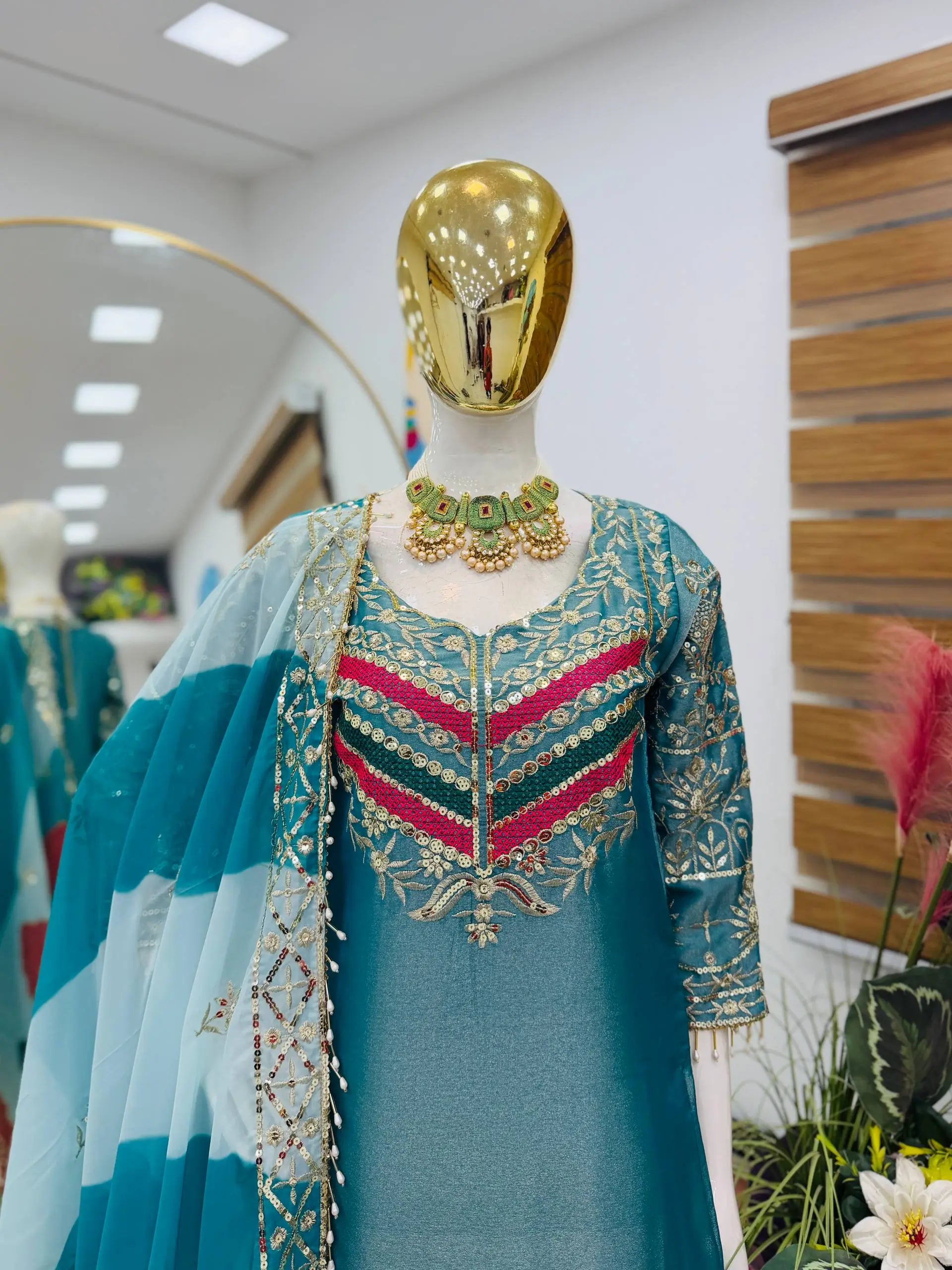 Designer Embroidered Palazzo Suit Set with Organza Dupatta