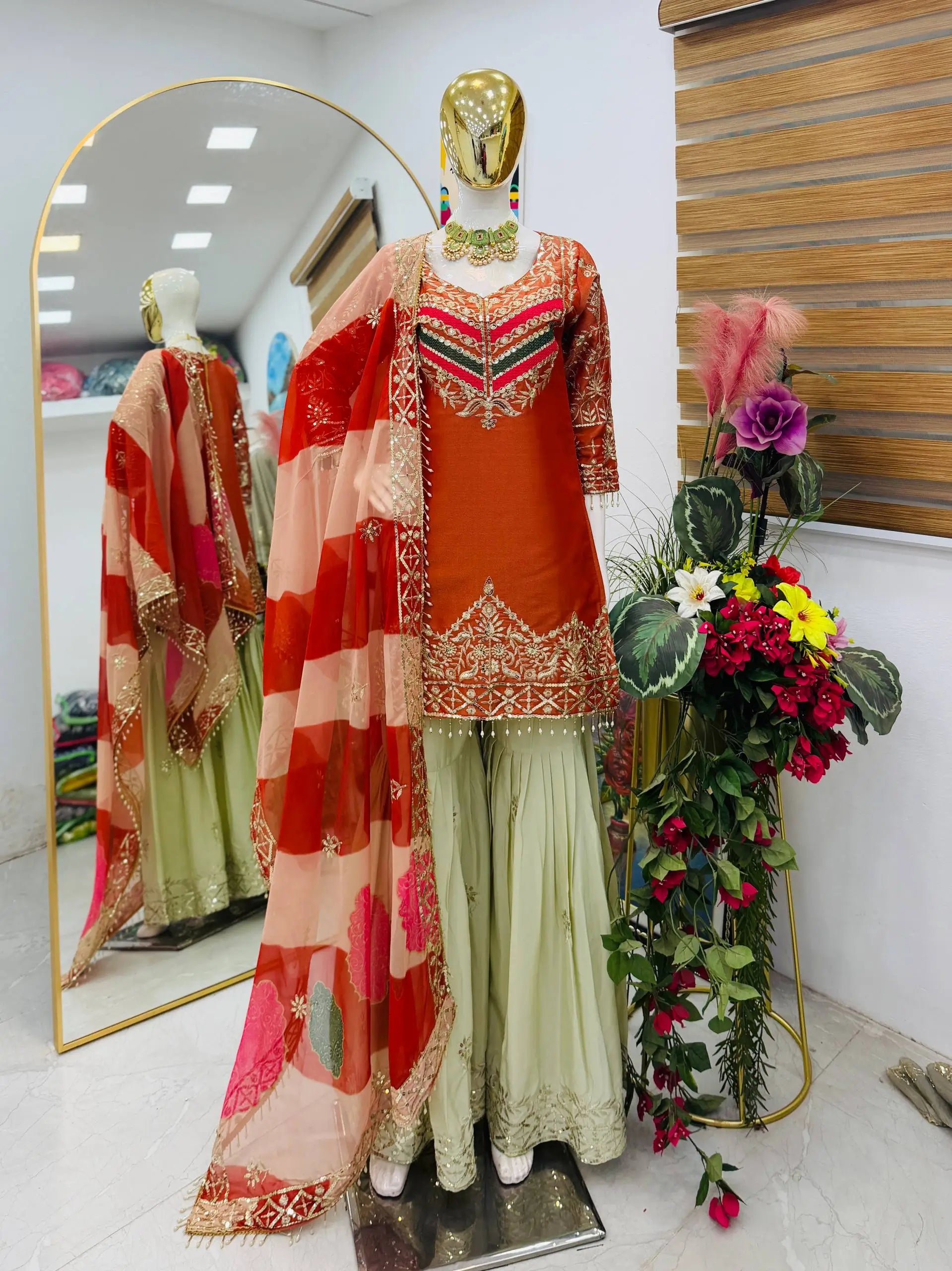 Designer Embroidered Palazzo Suit Set with Organza Dupatta