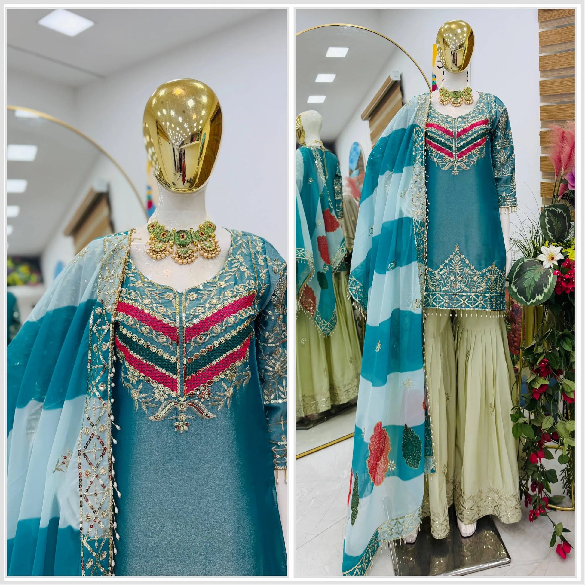 Designer Embroidered Palazzo Suit Set with Organza Dupatta