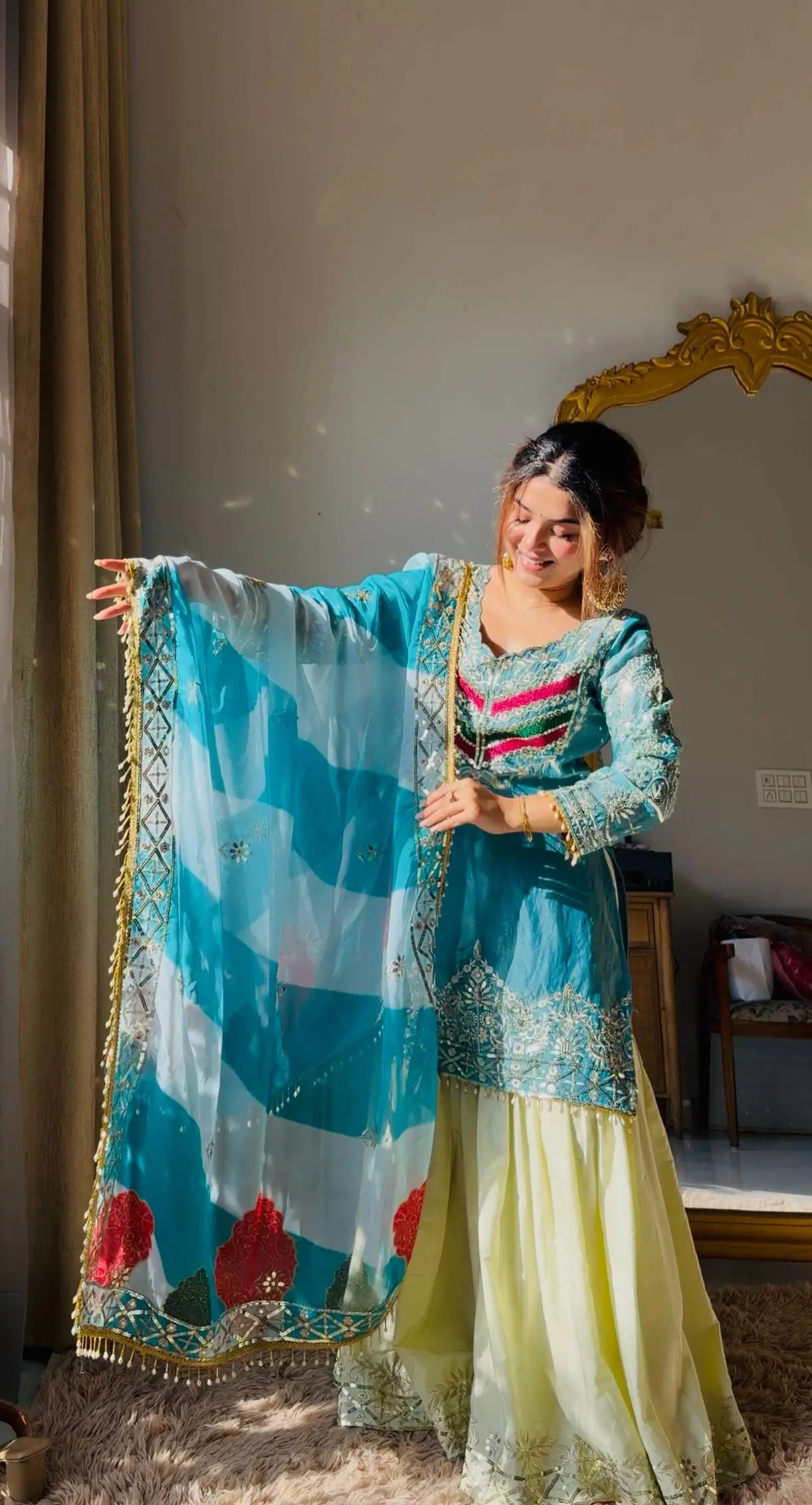 Designer Embroidered Palazzo Suit Set with Organza Dupatta
