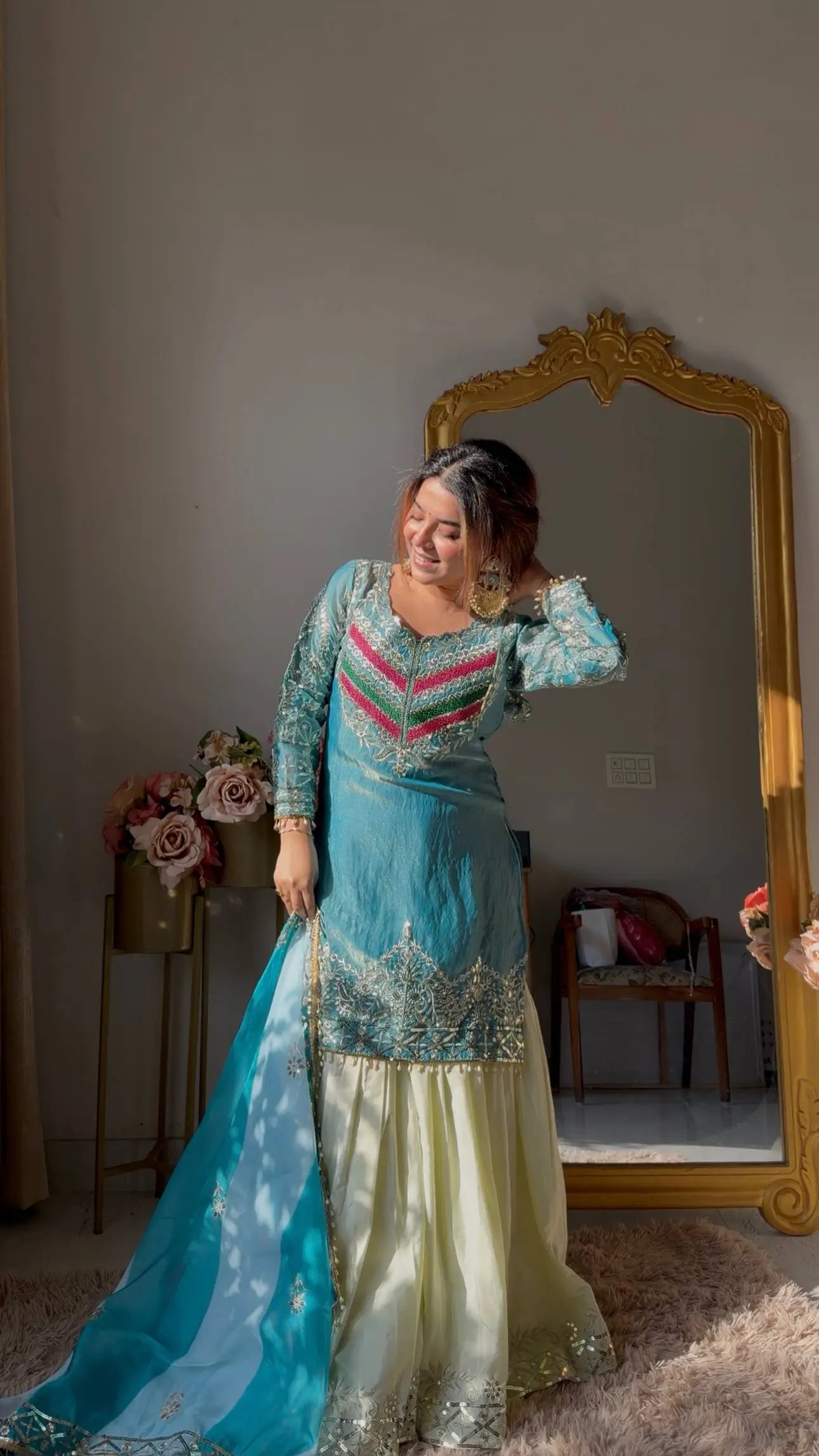 Designer Embroidered Palazzo Suit Set with Organza Dupatta