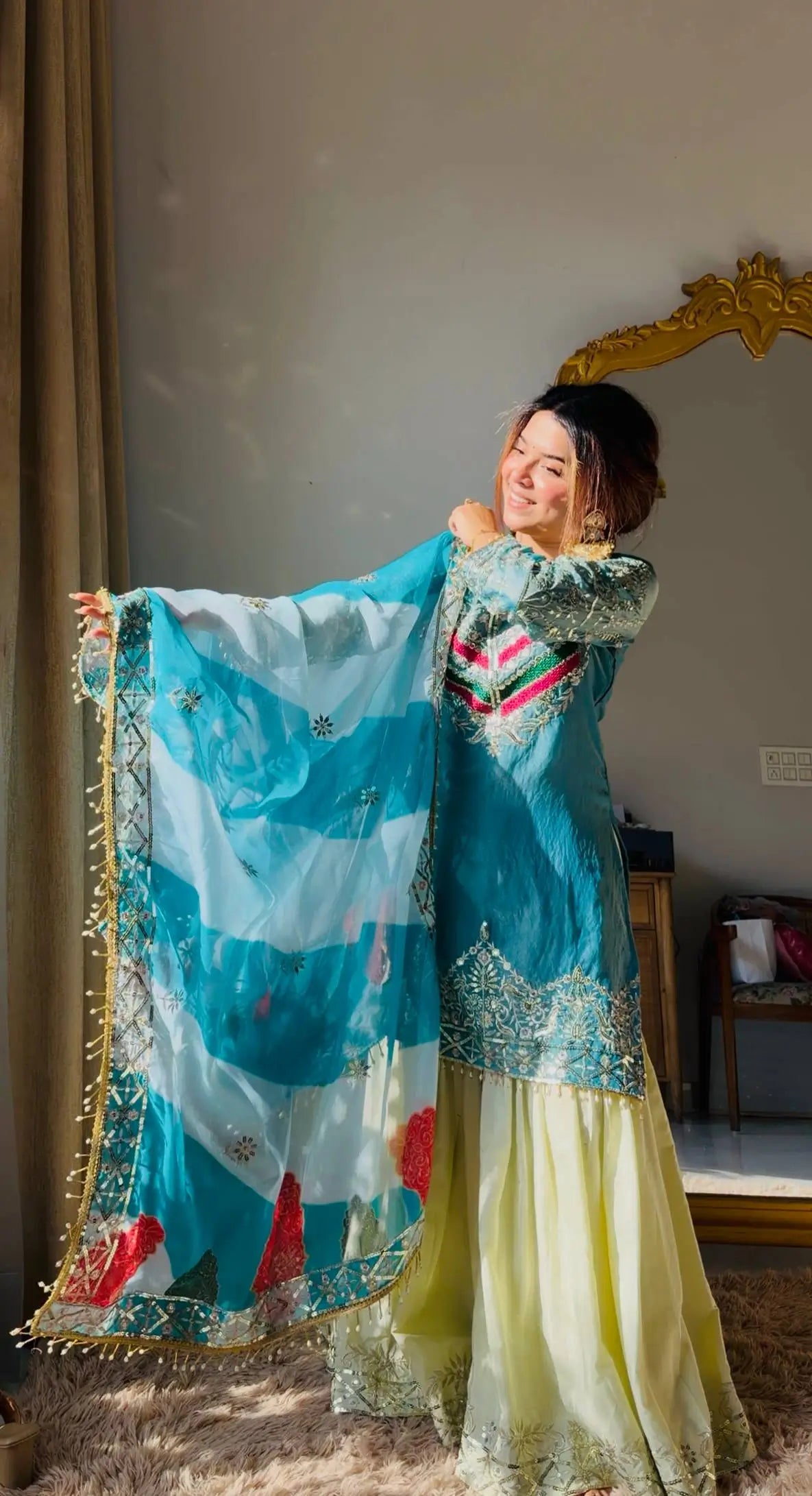 Designer Embroidered Palazzo Suit Set with Organza Dupatta