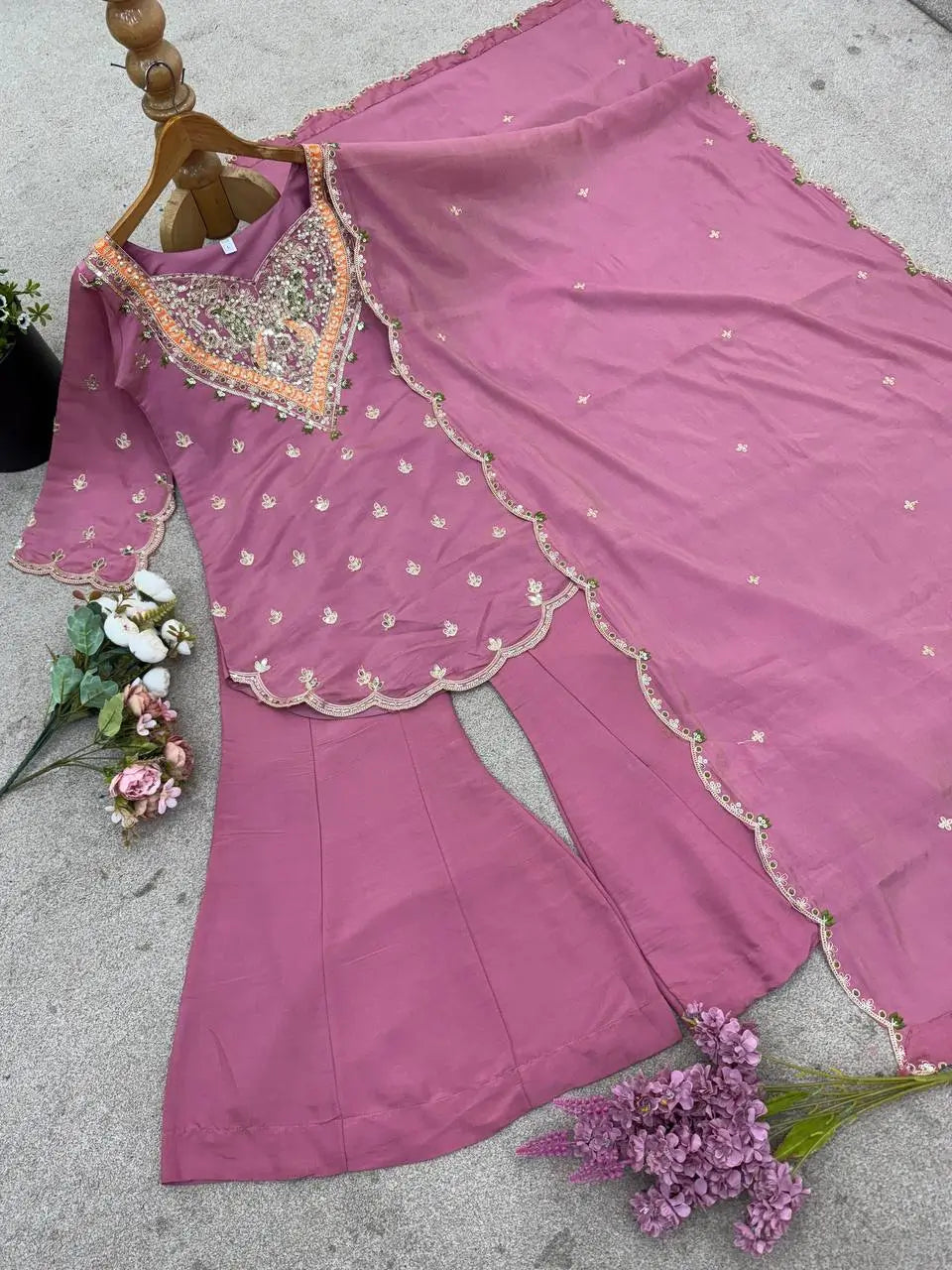 Designer Embroidered Silk Palazzo Suit with Dupatta