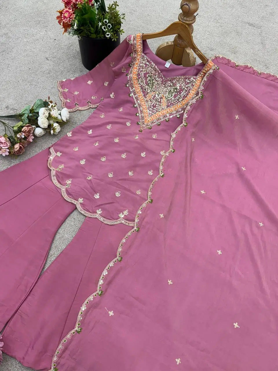 Designer Embroidered Silk Palazzo Suit with Dupatta