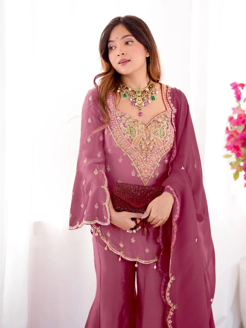 Designer Embroidered Silk Palazzo Suit with Dupatta