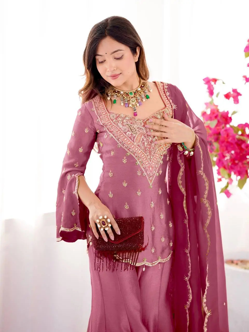 Designer Embroidered Silk Palazzo Suit with Dupatta