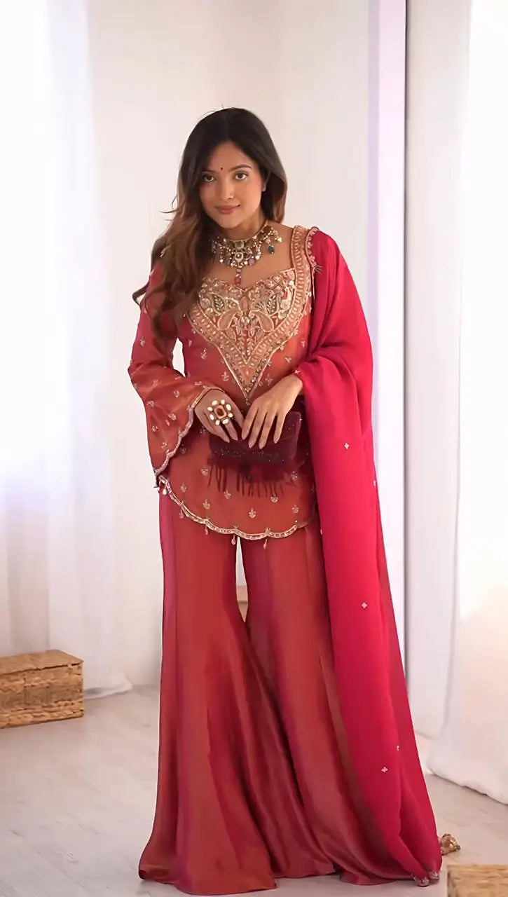 Designer Embroidered Silk Palazzo Suit with Dupatta