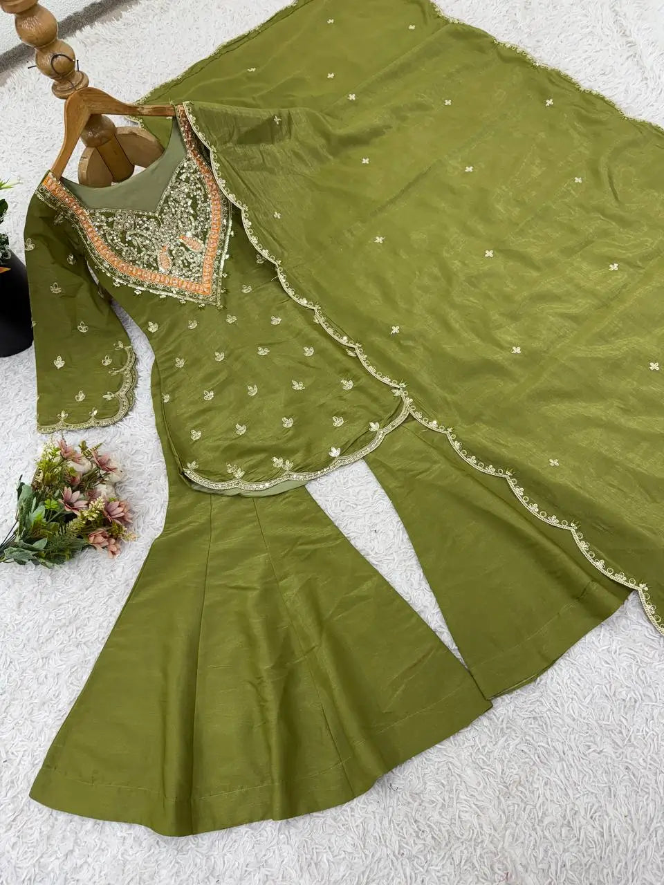Designer Embroidered Silk Palazzo Suit with Dupatta