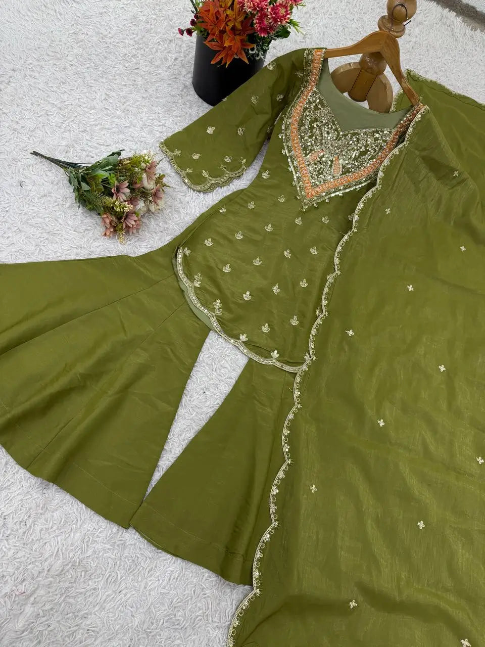 Designer Embroidered Silk Palazzo Suit with Dupatta