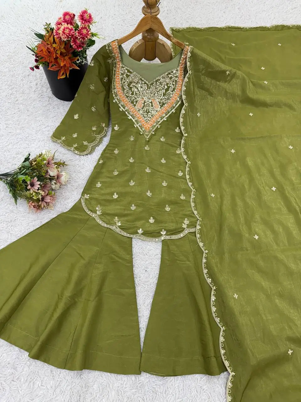 Designer Embroidered Silk Palazzo Suit with Dupatta