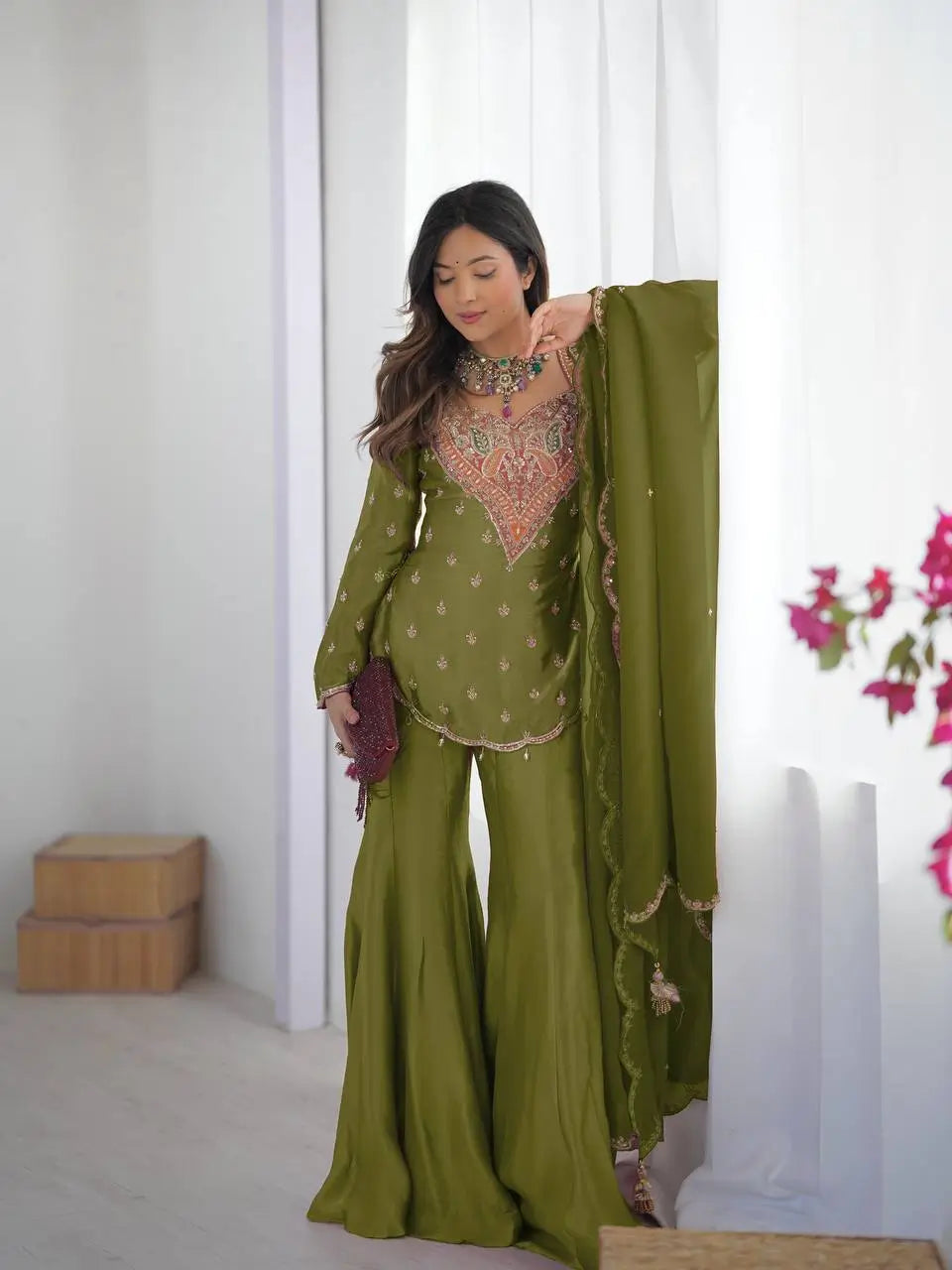Designer Embroidered Silk Palazzo Suit with Dupatta