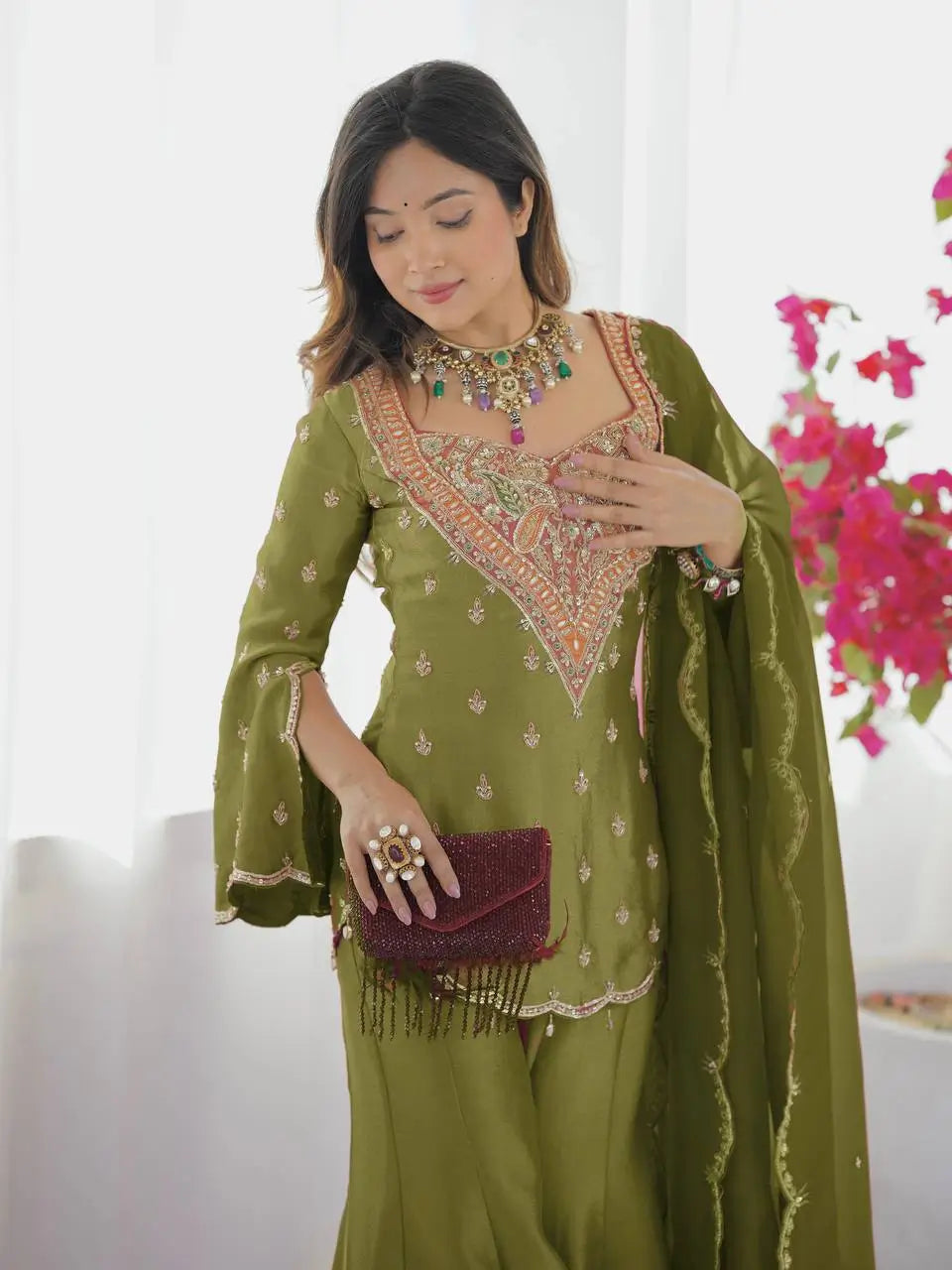 Designer Embroidered Silk Palazzo Suit with Dupatta
