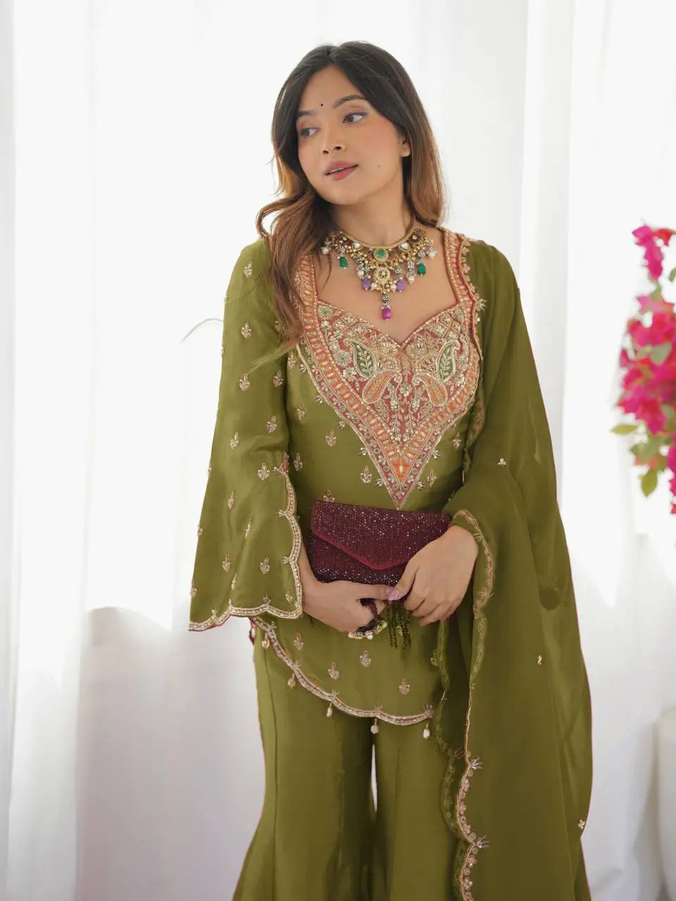 Designer Embroidered Silk Palazzo Suit with Dupatta