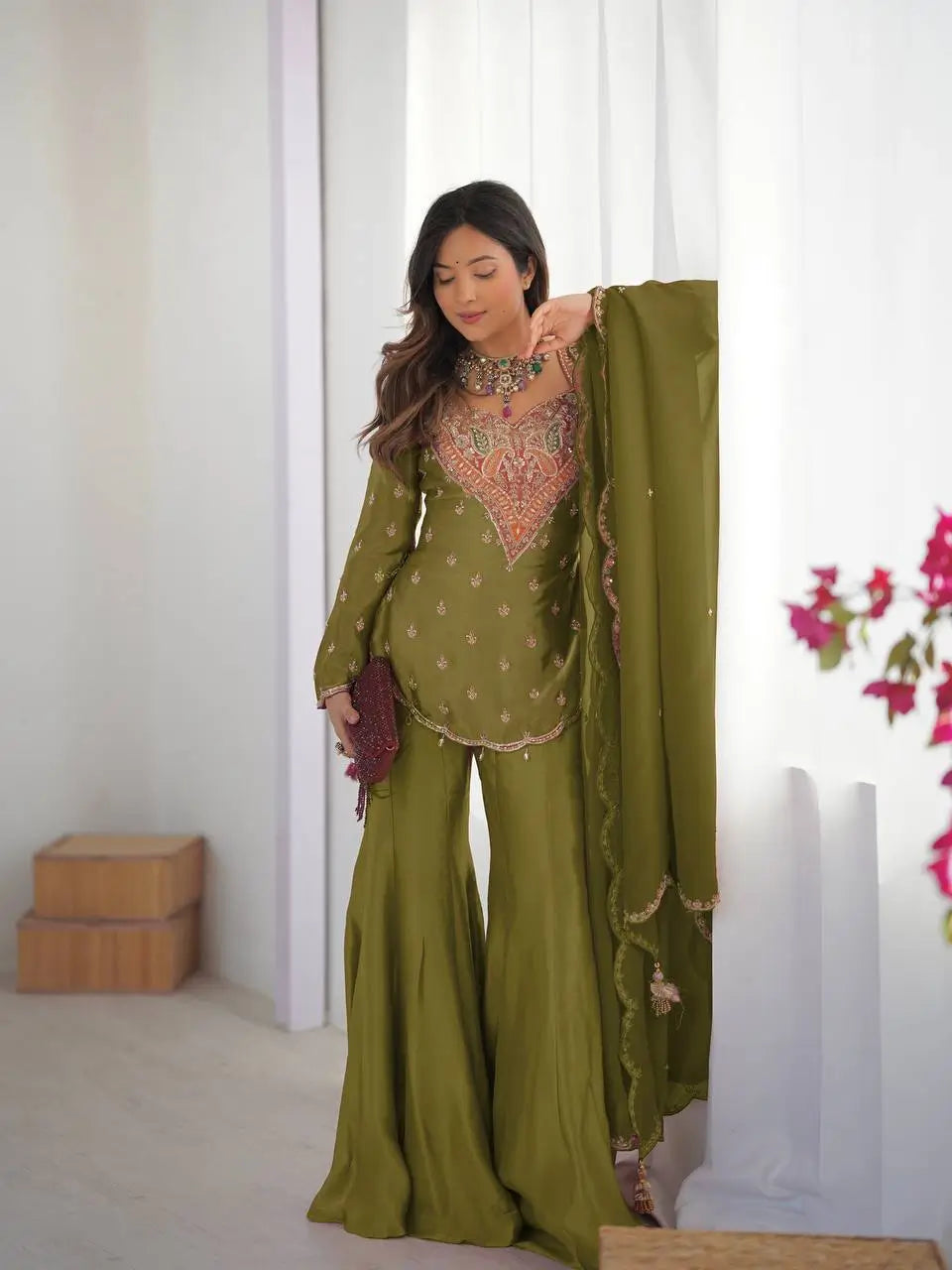 Designer Embroidered Silk Palazzo Suit with Dupatta