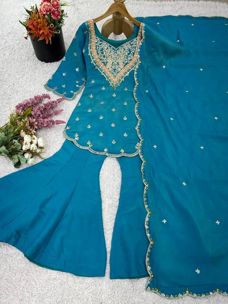 Designer Embroidered Silk Palazzo Suit with Dupatta