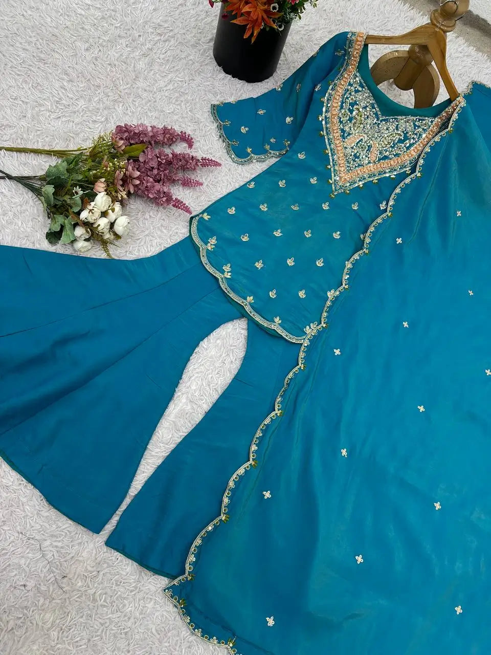 Designer Embroidered Silk Palazzo Suit with Dupatta