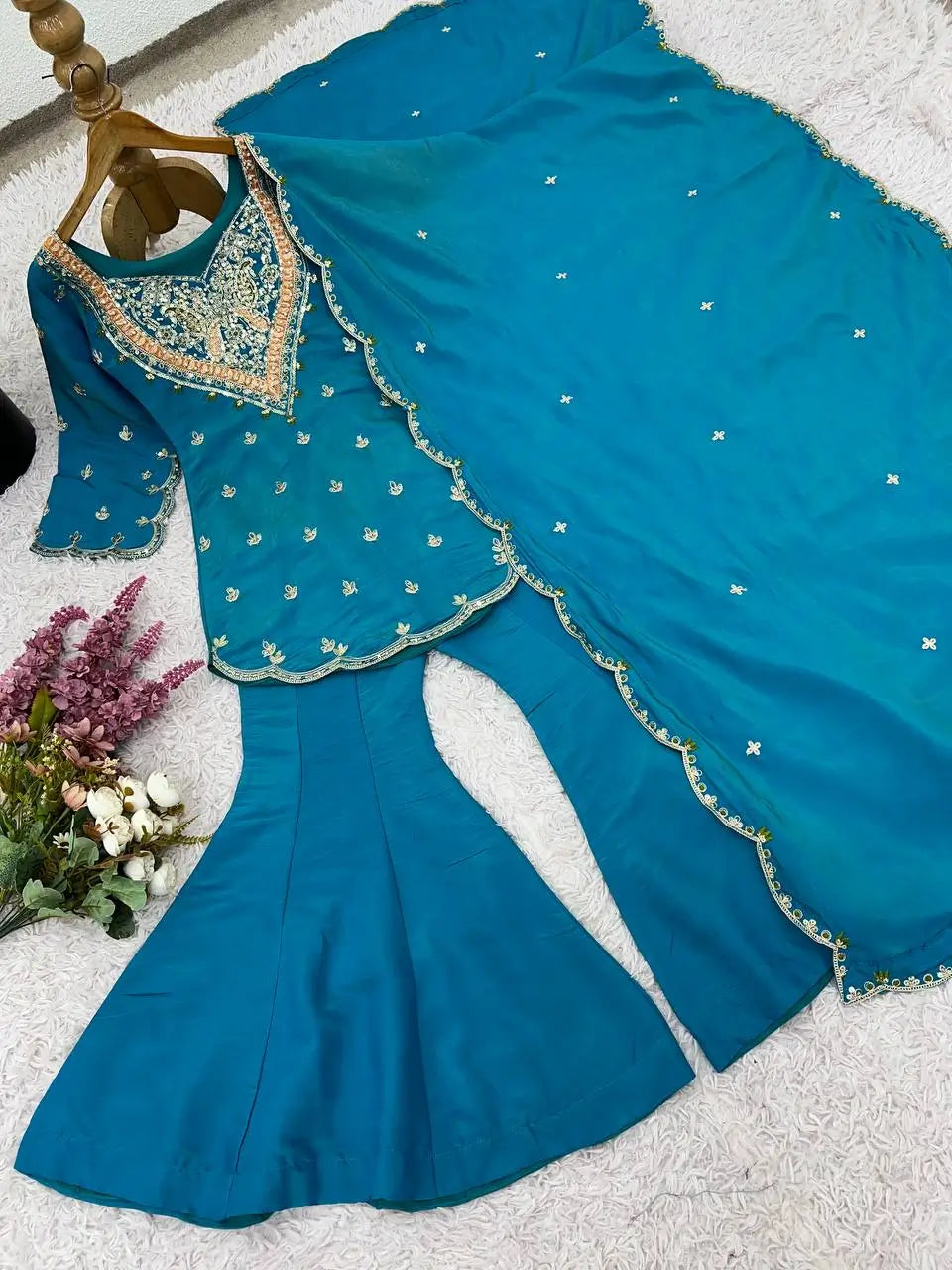 Designer Embroidered Silk Palazzo Suit with Dupatta