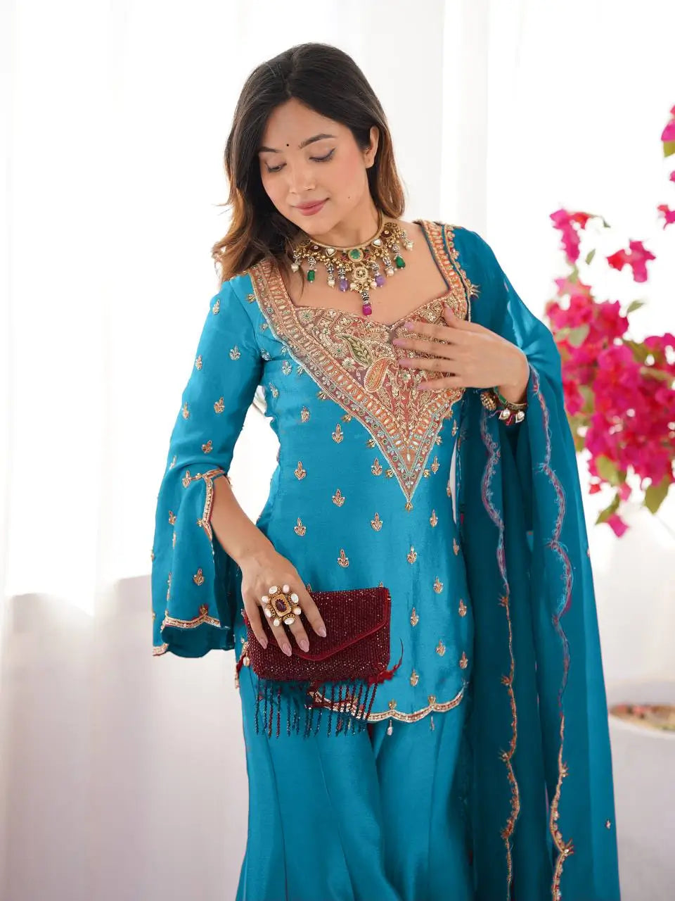 Designer Embroidered Silk Palazzo Suit with Dupatta