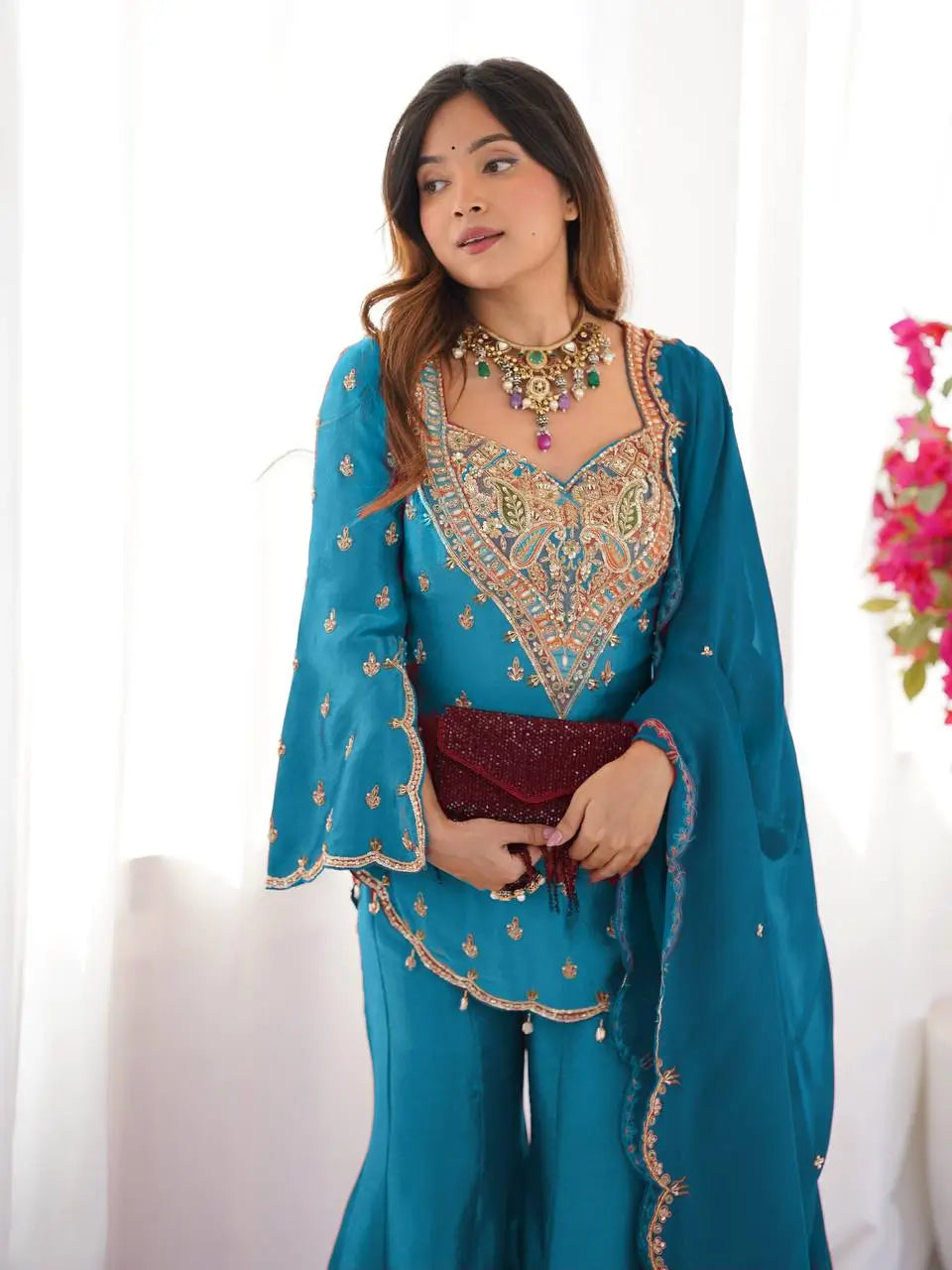 Designer Embroidered Silk Palazzo Suit with Dupatta