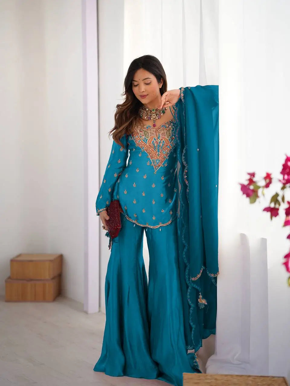 Designer Embroidered Silk Palazzo Suit with Dupatta