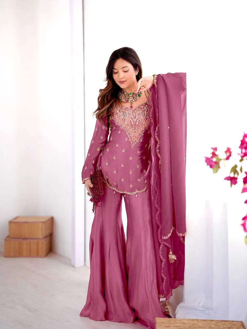 Designer Embroidered Silk Palazzo Suit with Dupatta
