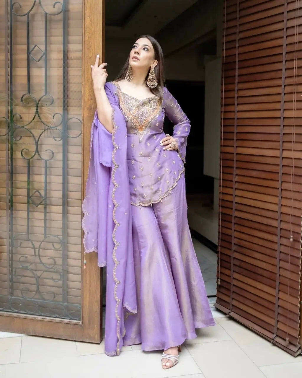 Designer Embroidered Silk Palazzo Suit with Dupatta