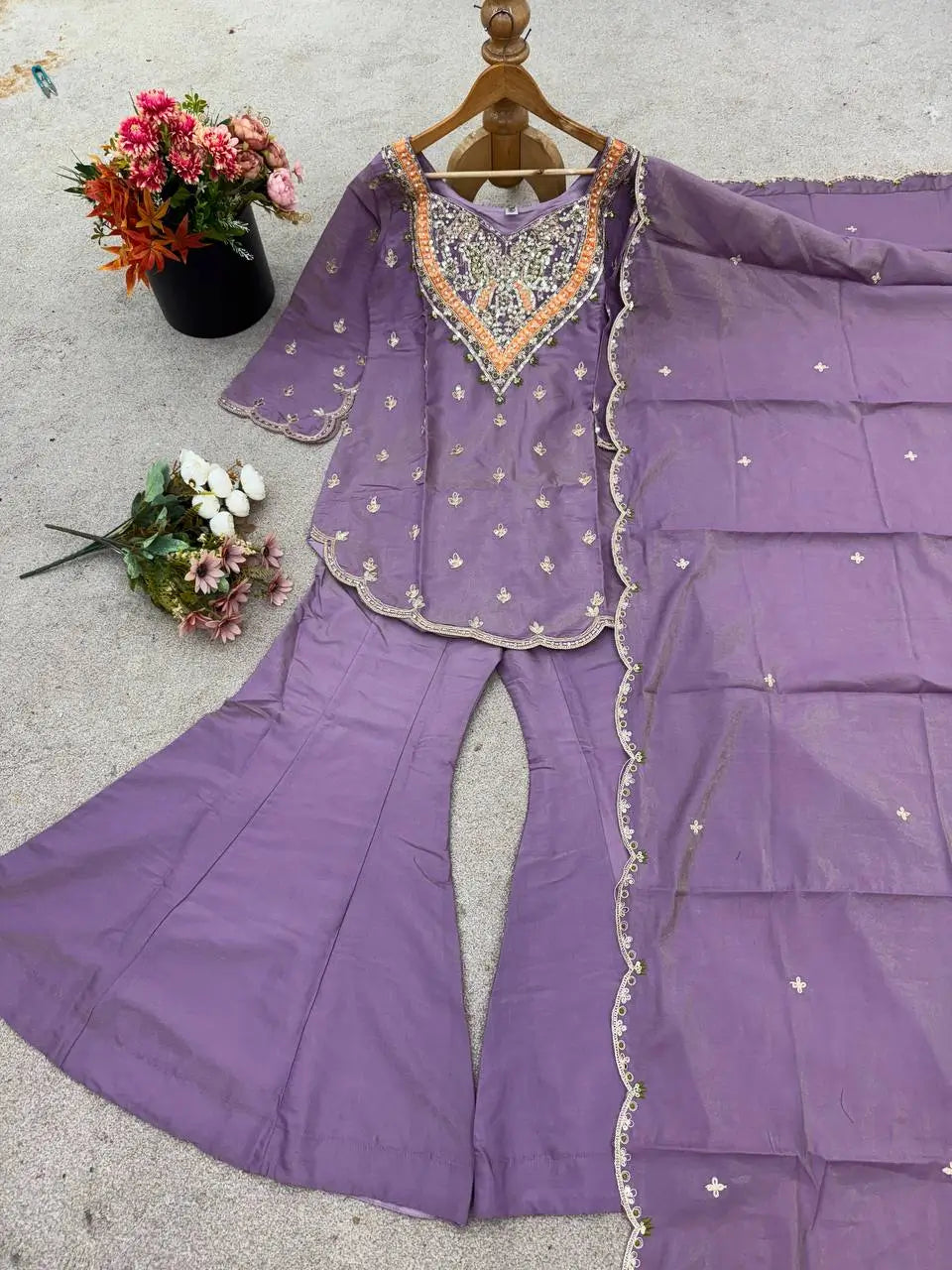 Designer Embroidered Silk Palazzo Suit with Dupatta