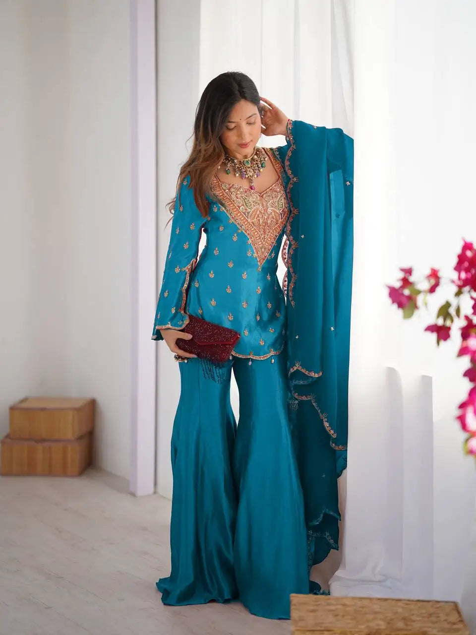 Designer Embroidered Silk Palazzo Suit with Dupatta