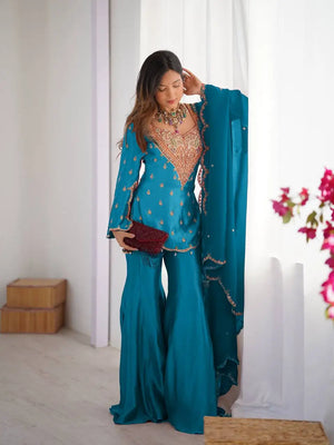 Designer Embroidered Silk Palazzo Suit with Dupatta