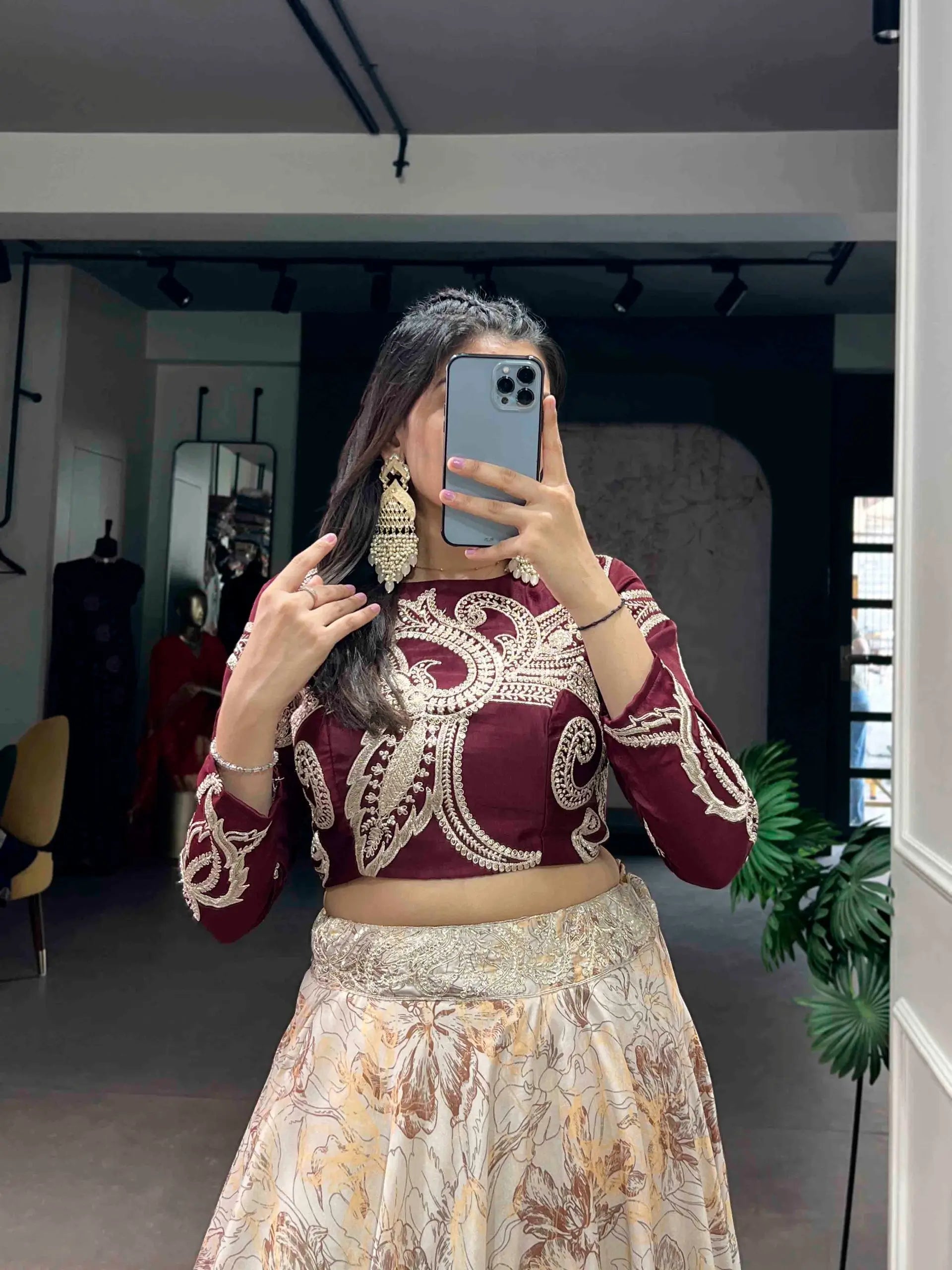 Designer Embroidered blouse with printed lehenga Set for Festive and Wedding Functions