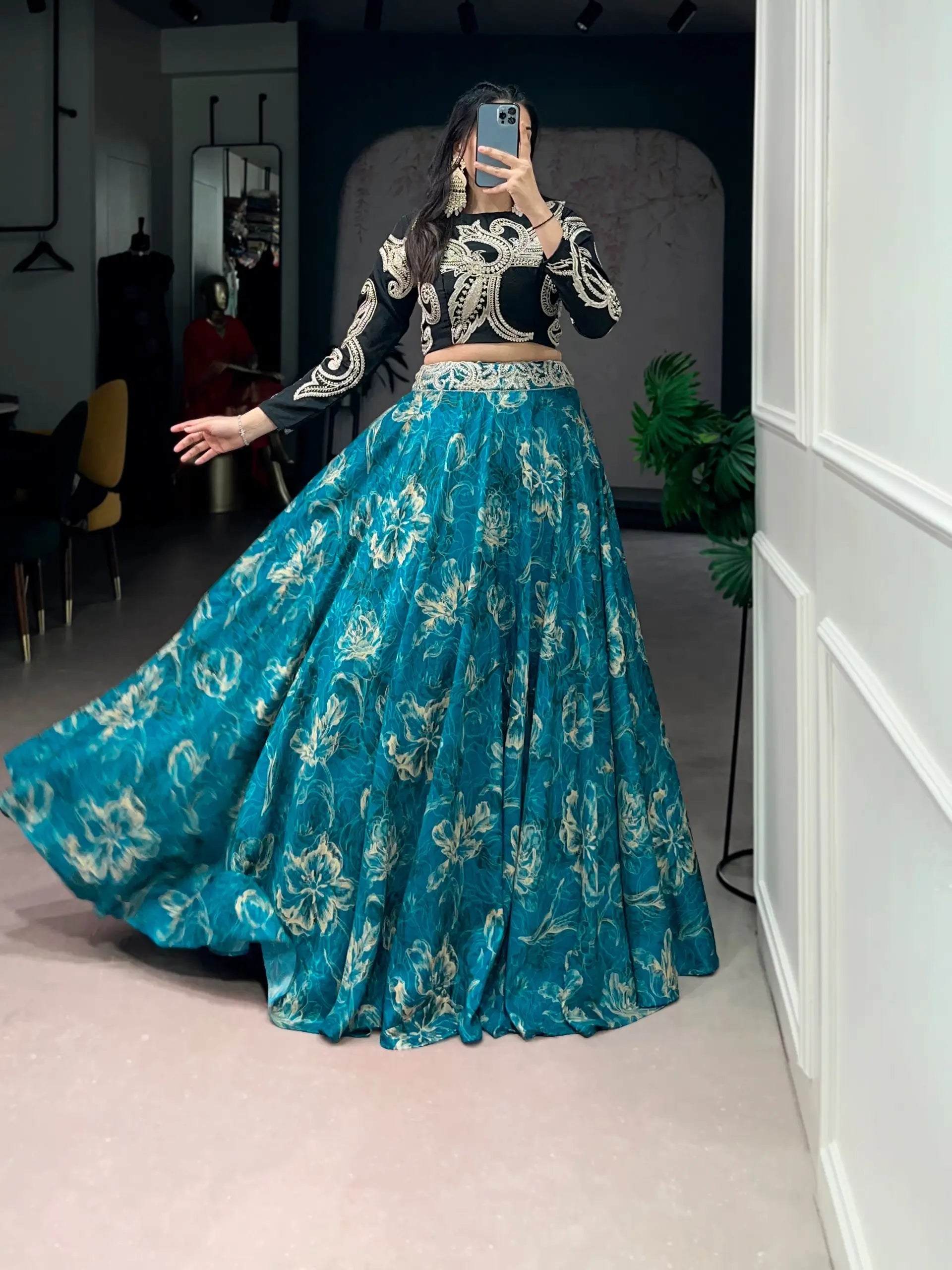 Designer Embroidered blouse with printed lehenga Set for Festive and Wedding Functions