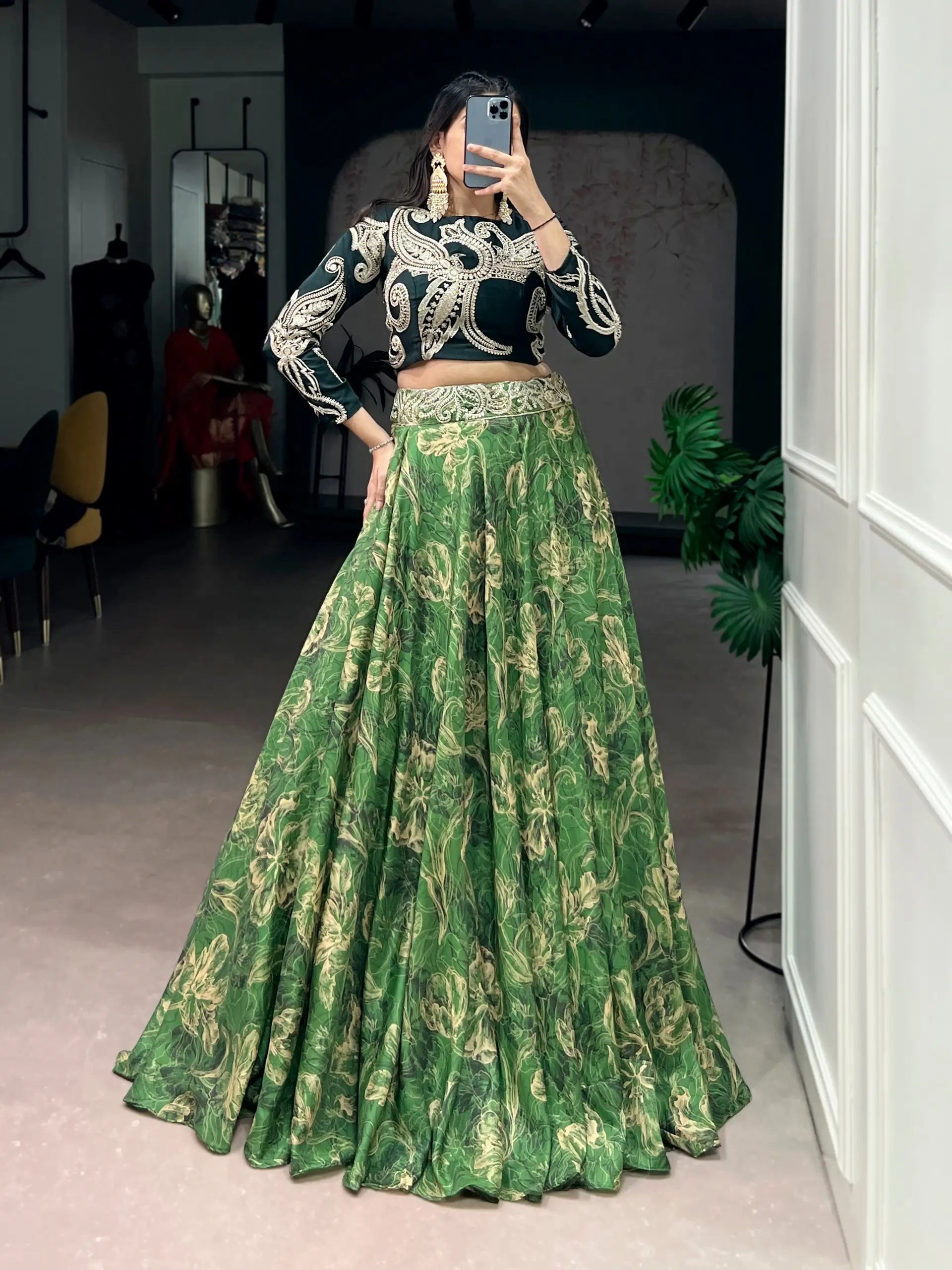 Designer Embroidered blouse with printed lehenga Set for Festive and Wedding Functions