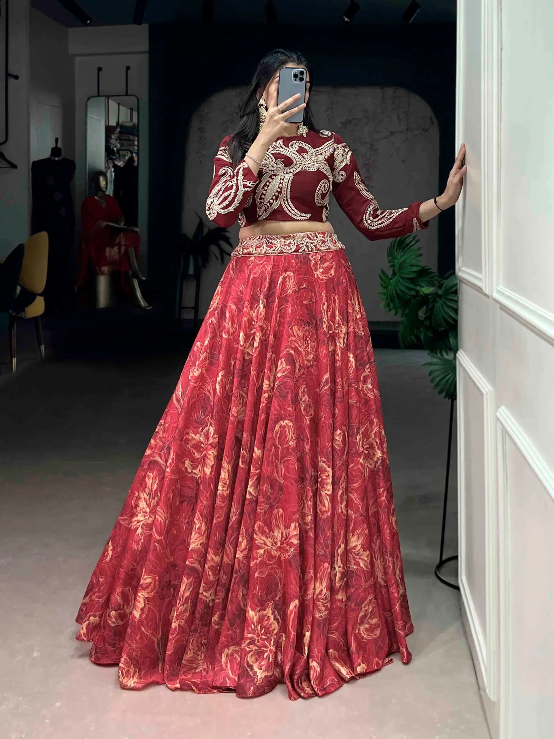 Designer Embroidered blouse with printed lehenga Set for Festive and Wedding Functions
