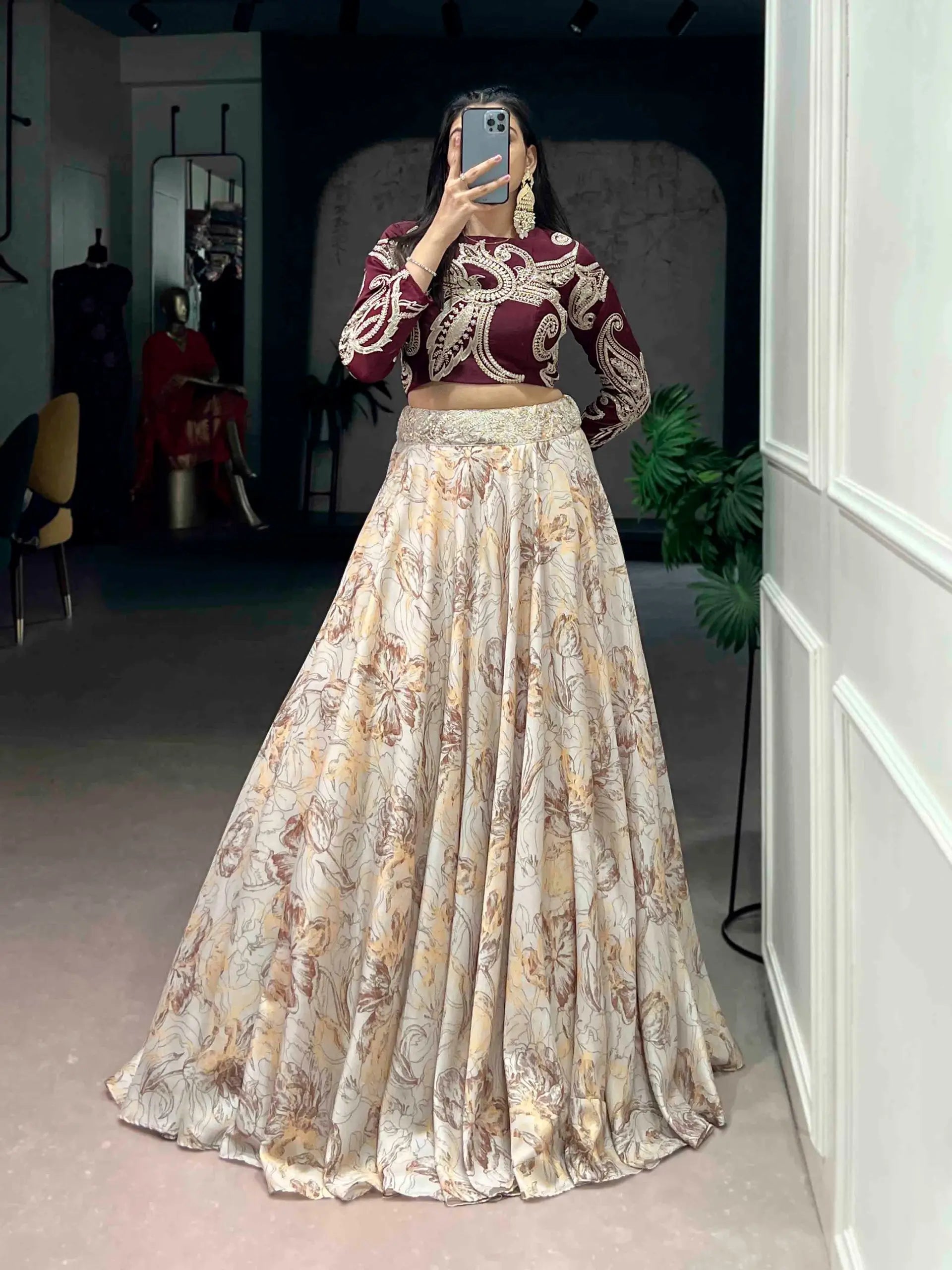Designer Embroidered blouse with printed lehenga Set for Festive and Wedding Functions