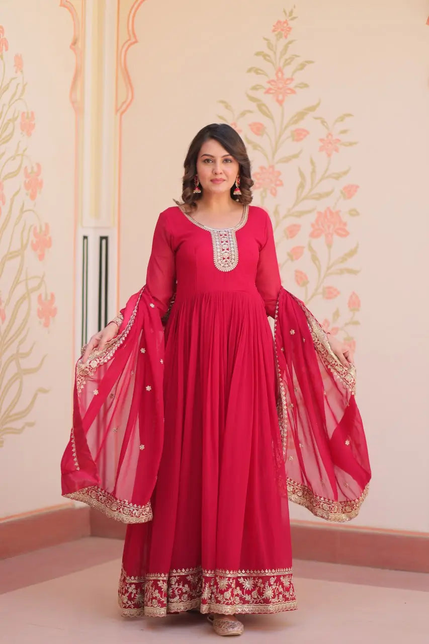 Designer Faux Blooming Georgette Gown with Dupatta – Zari & Sequins Work (Mehroon, Purple, Rani)