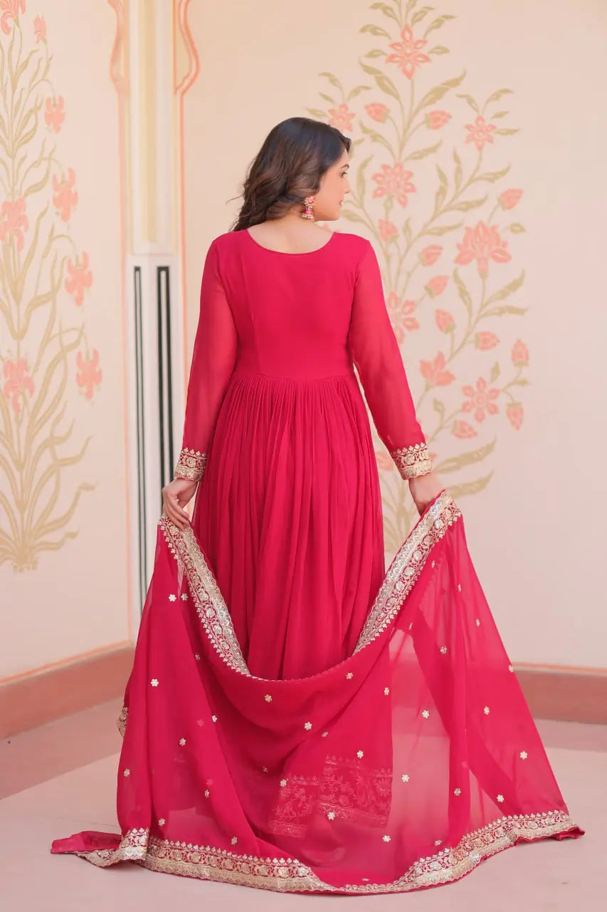 Designer Faux Blooming Georgette Gown with Dupatta – Zari & Sequins Work (Mehroon, Purple, Rani)