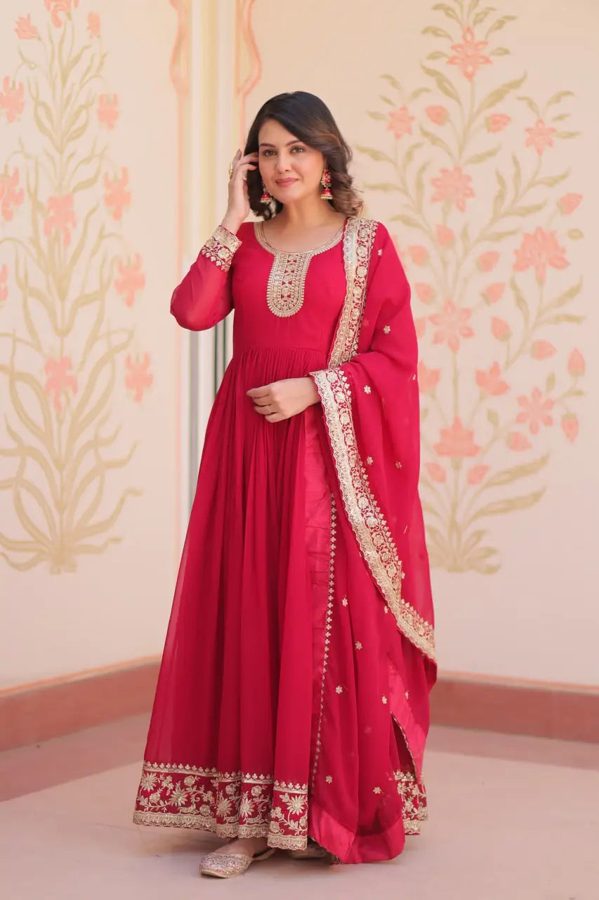 Designer Faux Blooming Georgette Gown with Dupatta – Zari & Sequins Work (Mehroon, Purple, Rani)