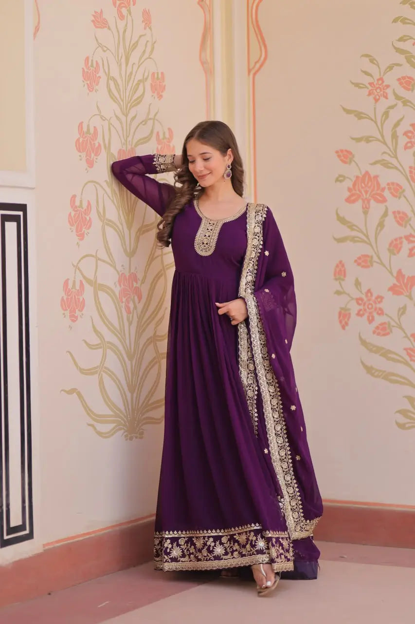 Designer Faux Blooming Georgette Gown with Dupatta – Zari & Sequins Work (Mehroon, Purple, Rani)