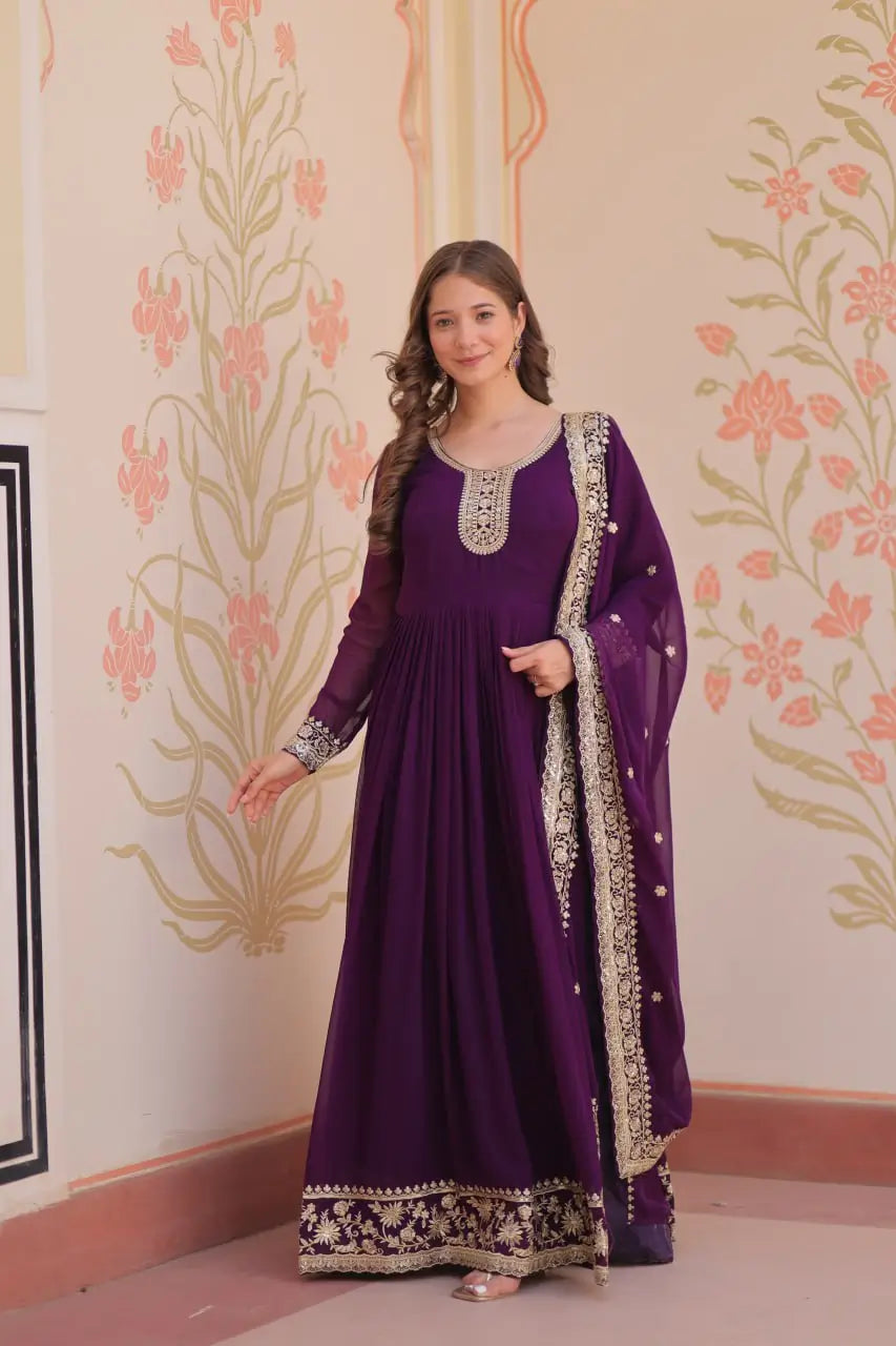 Designer Faux Blooming Georgette Gown with Dupatta – Zari & Sequins Work (Mehroon, Purple, Rani)